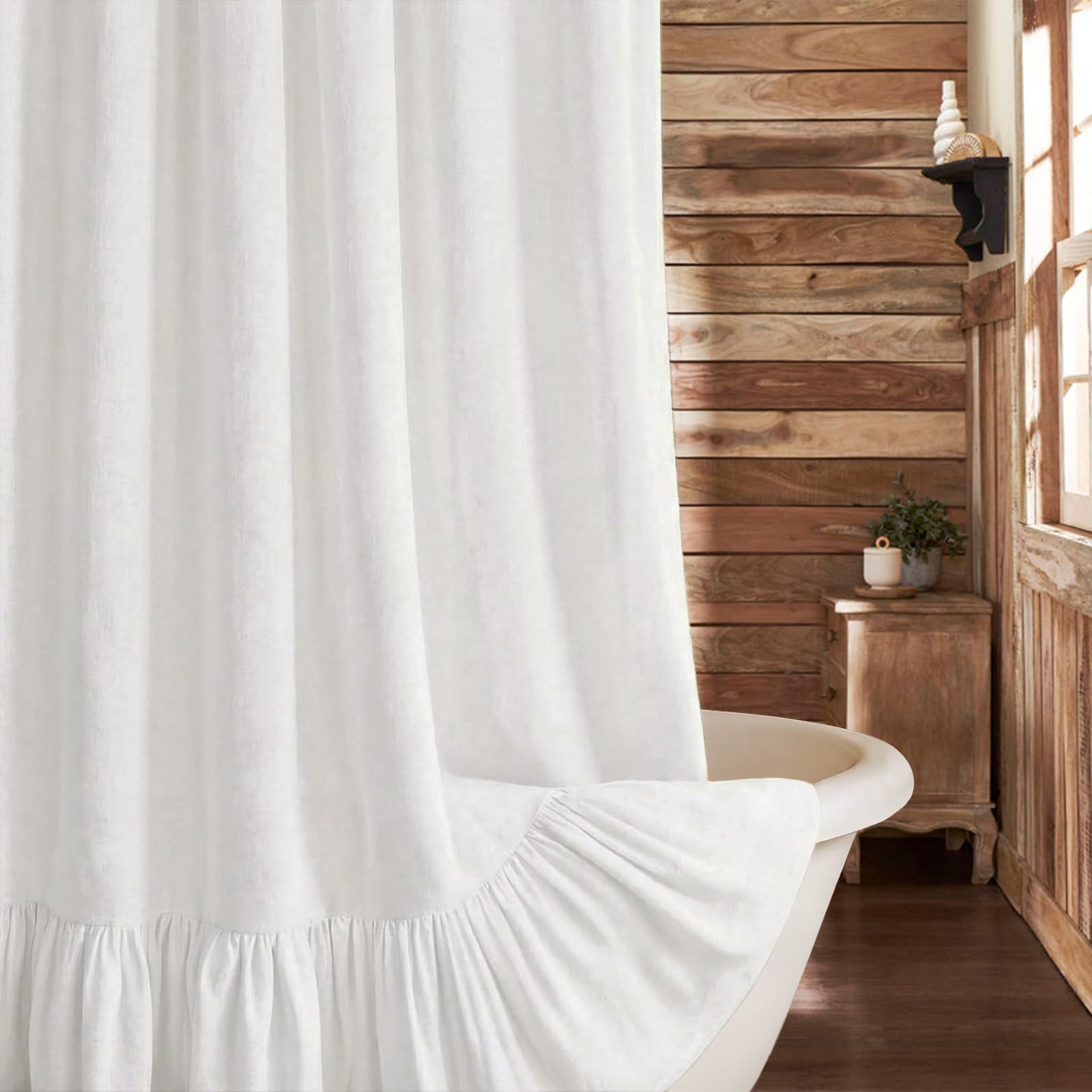 XOGUIBO Farmhouse Shower Curtain Ruffle Linen White 72" W x 72" L โ image 1