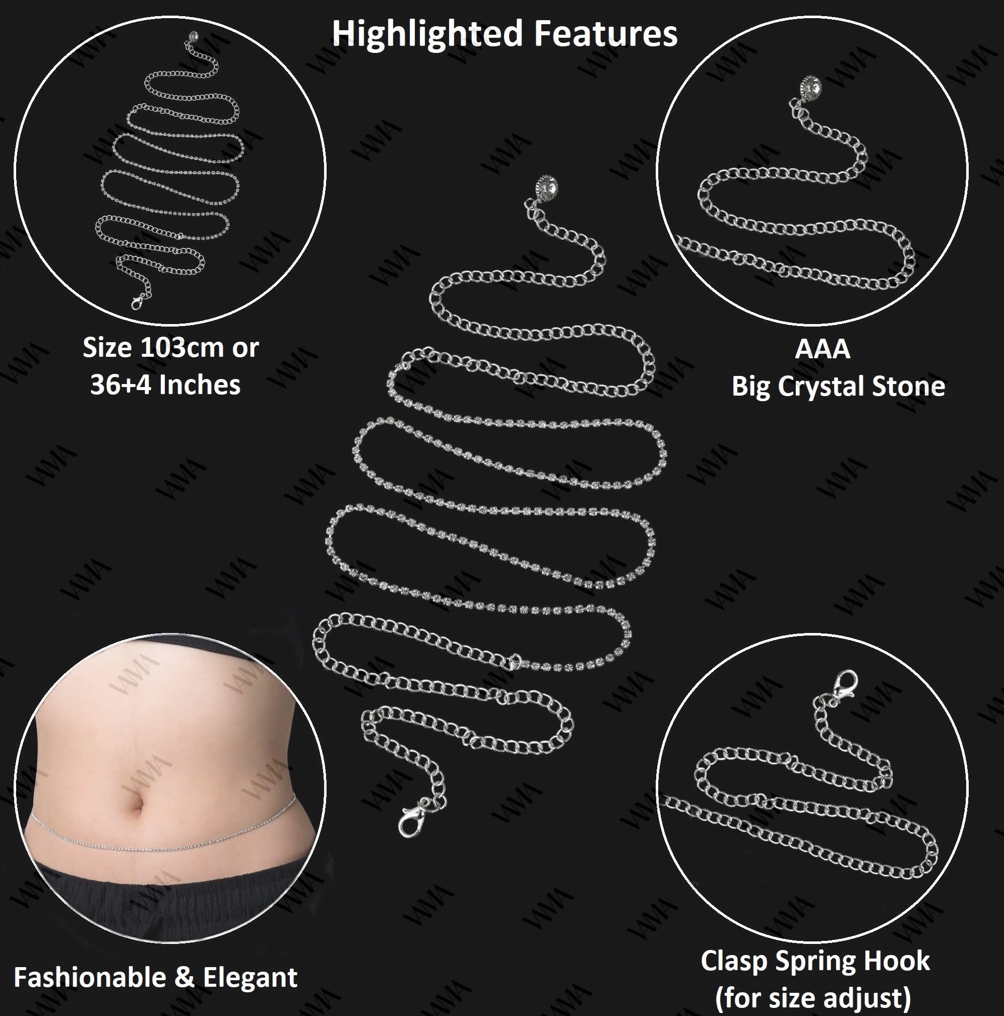 VAMA Sexy Stone Hip Belly Chain Saree Waist belt karddhani vaddanam Bikni Kamarbandh Body Kamarchain Kamarband for women Girls (Silver Hip Kamar Chain) 1