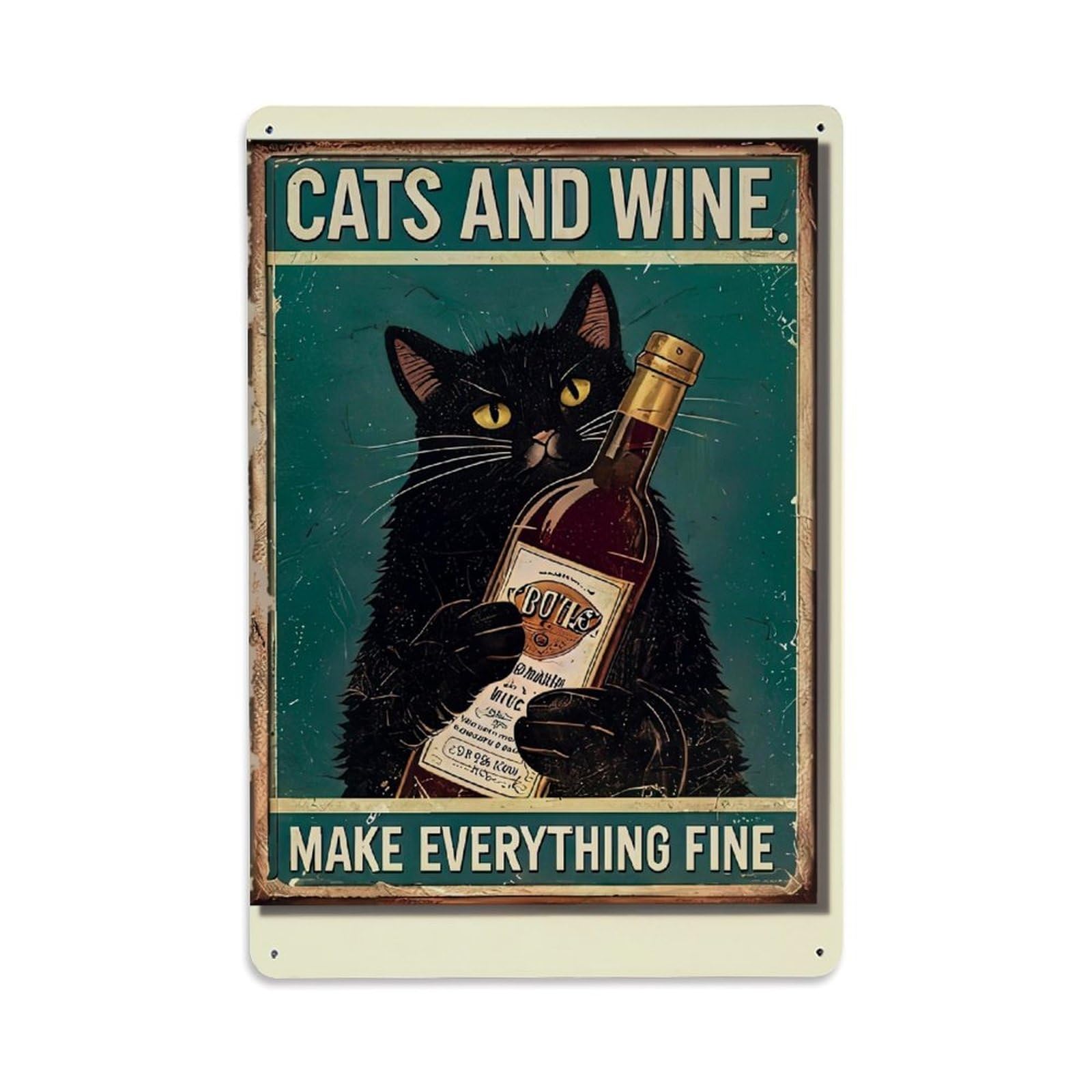 Bliveurn Vintage Black Cat Holding Wine Bottle Retro Metal Tin Sign, Metal Poster For Home, Gaming Room, Studio Workshop,Bar,Garage Wall Art Decor 8X12 Inch
