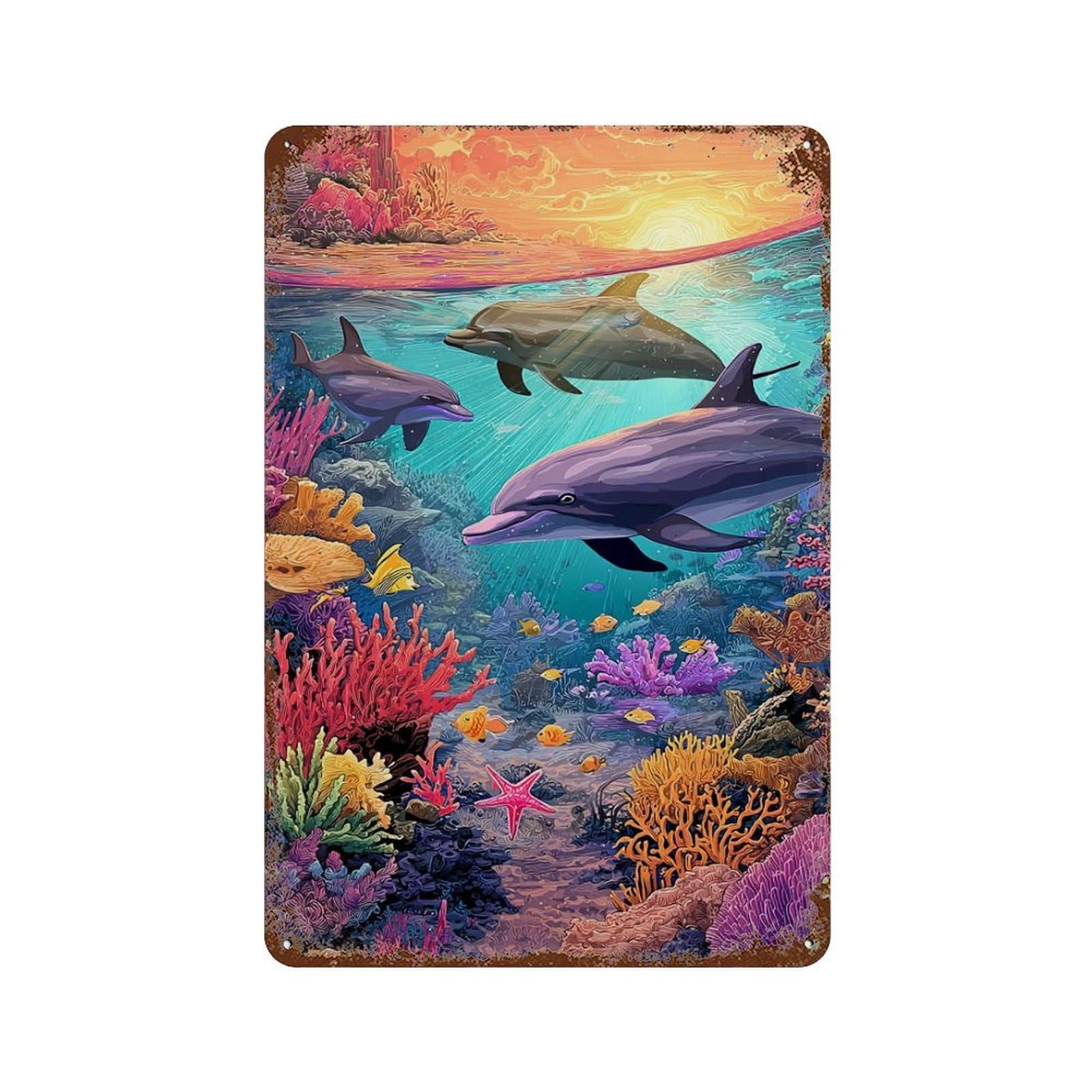 Ocean Life Dolphins & Coral Reef-1 Rustic Tin Plaque 11.8"x7.9", Rustic Home Decor for Office, Studio And Wall Decor