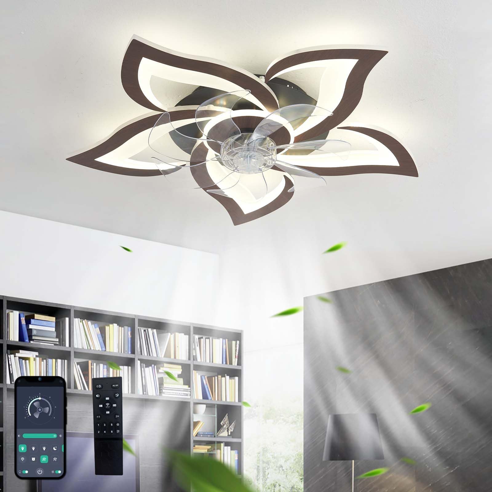 GWYAJTU Design Ceiling Fans with Lamps Quiet Modern Dimmable LED Ceiling Fan with Lighting DC Reversible 6 Speed Ceiling Fans with Lights and Remote Control for Bedroom Living Room-Black Wood Grain
