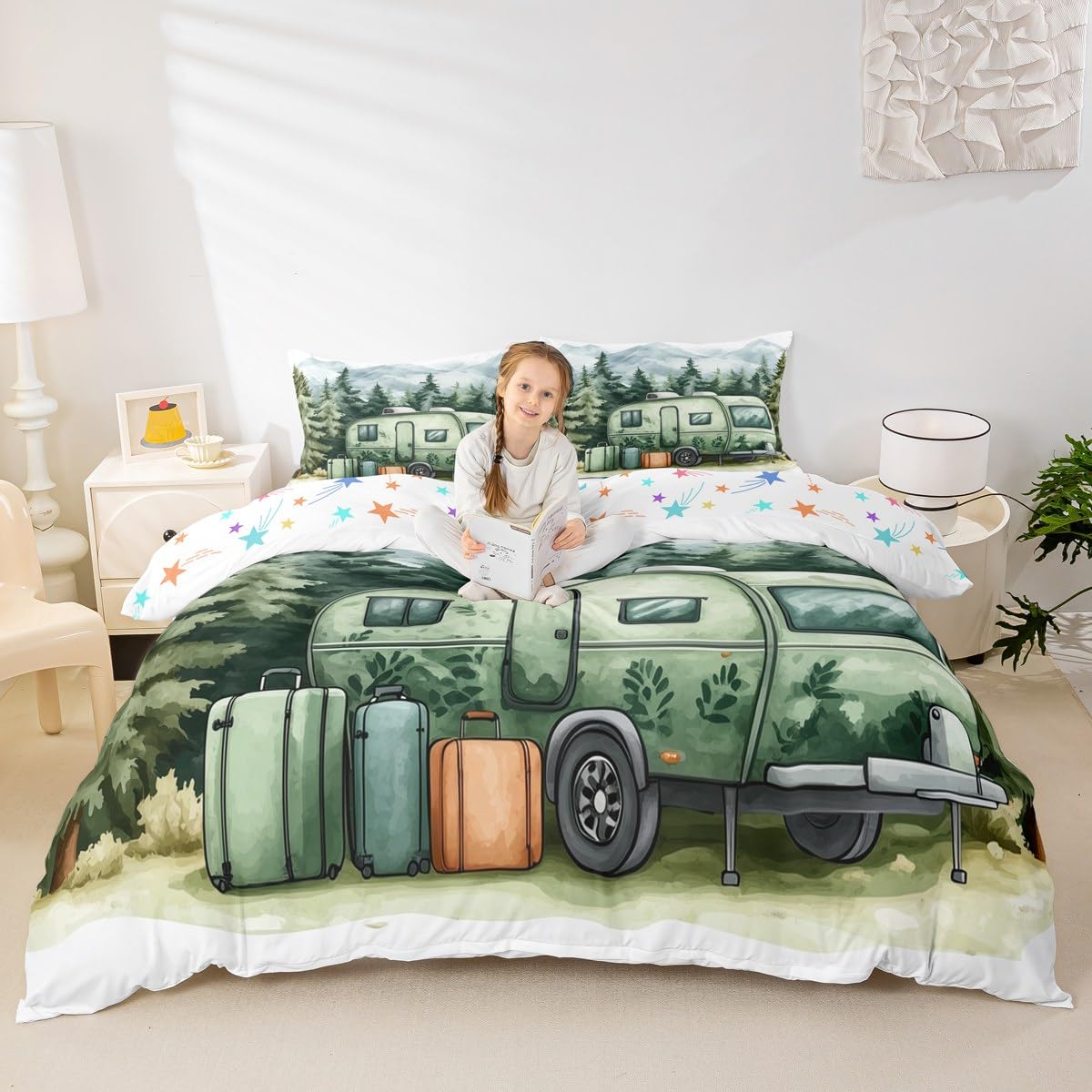 Homewish Podróżna poszewka na kołdrę do kampera King dla dzieci nastolatków dorosłych, zestaw pościeli dla miłośników biwakowania, sztuka atramentu sosny poszewka na kołdrę, zestaw górskich łóżek z 2