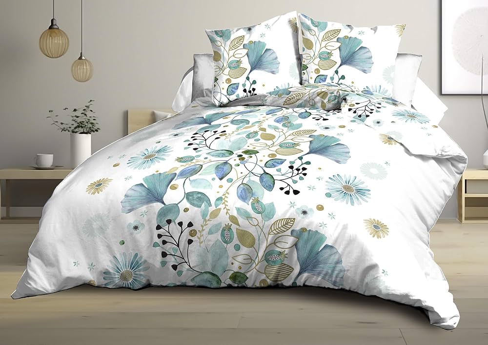 Housse De Couette 240x260cm + 2 Taies Microfibre - Bleu Ginko - Douce, Infroissable, Lavable 40°C