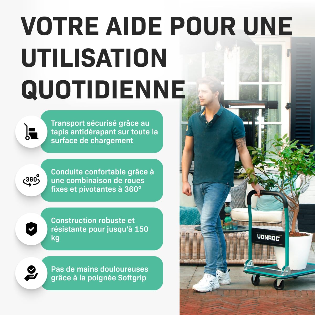 VONROC Chariot Plateforme Pliable 150 kg – Plateau Antidérapant 47 x 73 cm – 2 Roues Pivotantes 360° – Poignées Softgrip – Chariot de Transport pour Atelier, Déménagement et Usage Professionnel