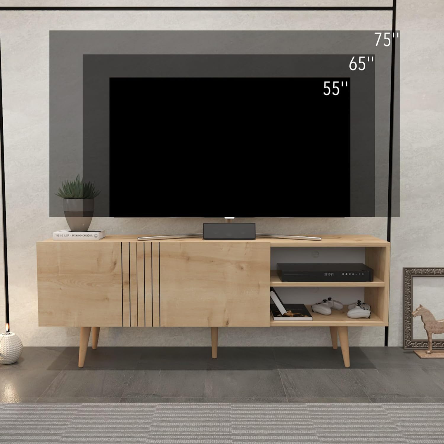 Decorotika Ronas 63 inch Mid-Centruy Modern TV Stand Entertainment Center Console Table with Solid Wood Legs (Oak)