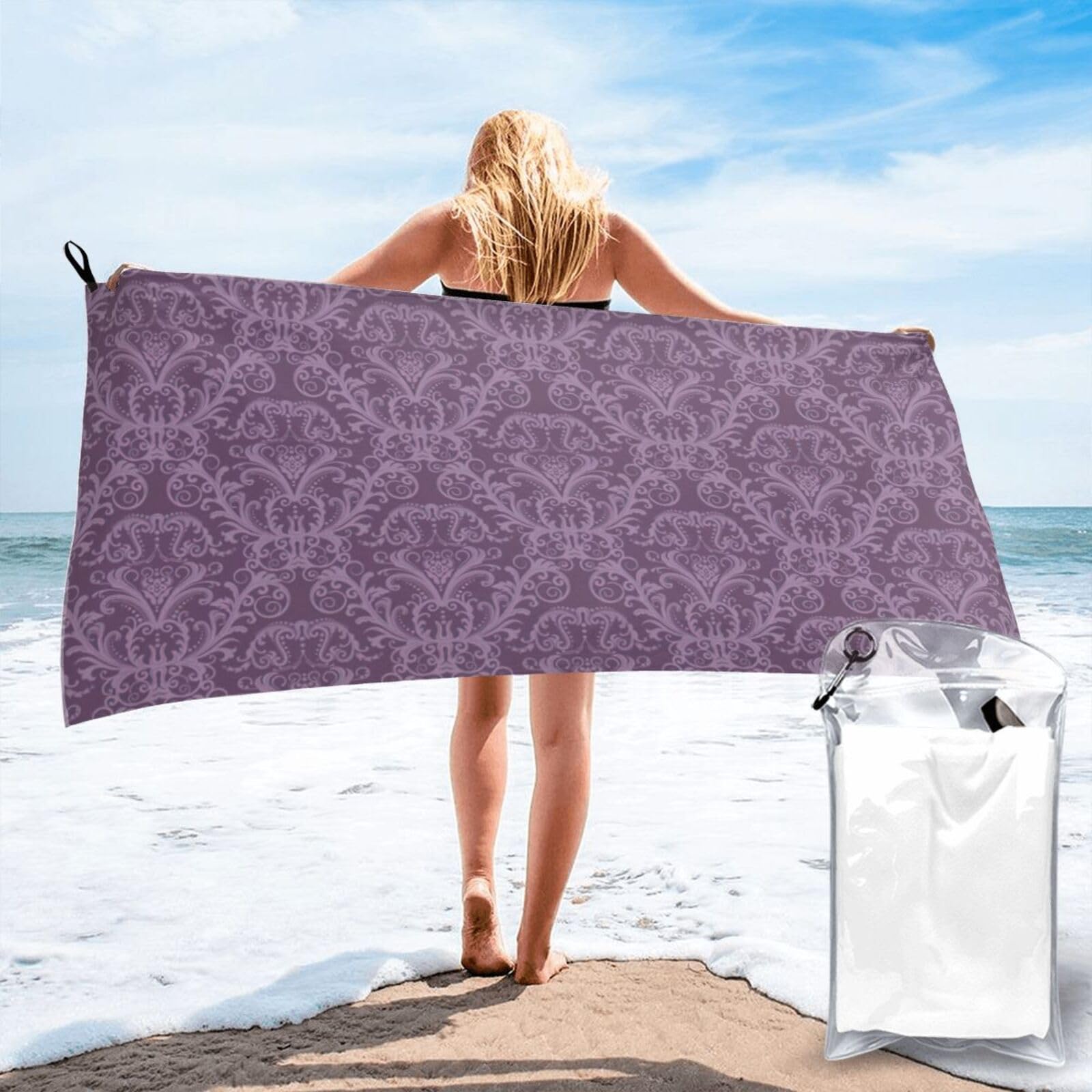 SDEGTHO Purple Print Beach Towel Quick Dry Portable For Swimming Yoga Adults Fitness