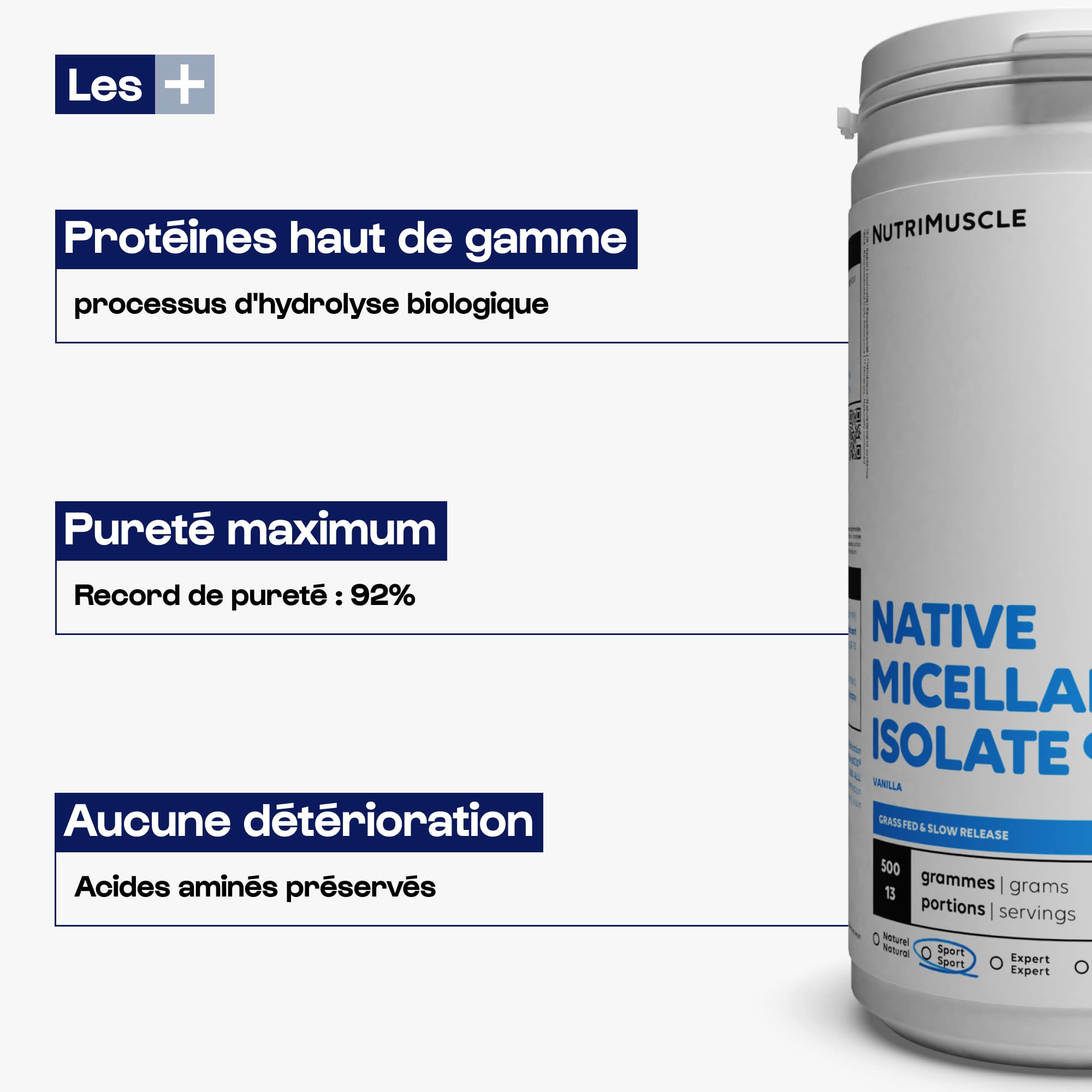 Nutrimuscle Caseina Micellare Isolata | Purezza record 92% - Costruzione muscolare - Soppressore dell'appetito - Assimilazione molto lenta - Non OGM - Costruzione muscolare e fitness (500 g)