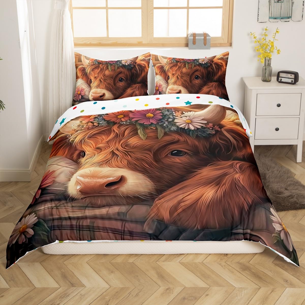Highland Cattle Decorations Beddding,Wildlife Animals Flower Duvet Cover for All Season,Rustic Farmhouse Kids Bedroom Decor Comforter Cover (No Filler) Full Size,3PCS