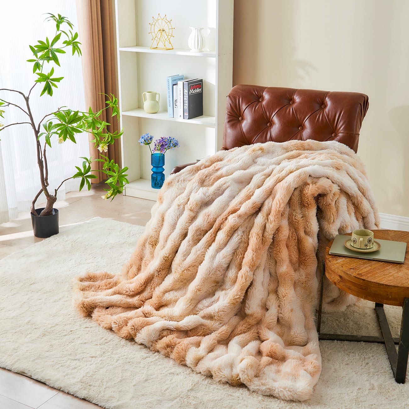 STYHO Plush Bubble Blankets for Sofa Bed Soft Fluffy Tie Dyed Faux Fur Throws Warm Cozy Large Size Khaki and White Fuzzy Fleece Blanket Throws for All Season Use(Khaki White - Image 4