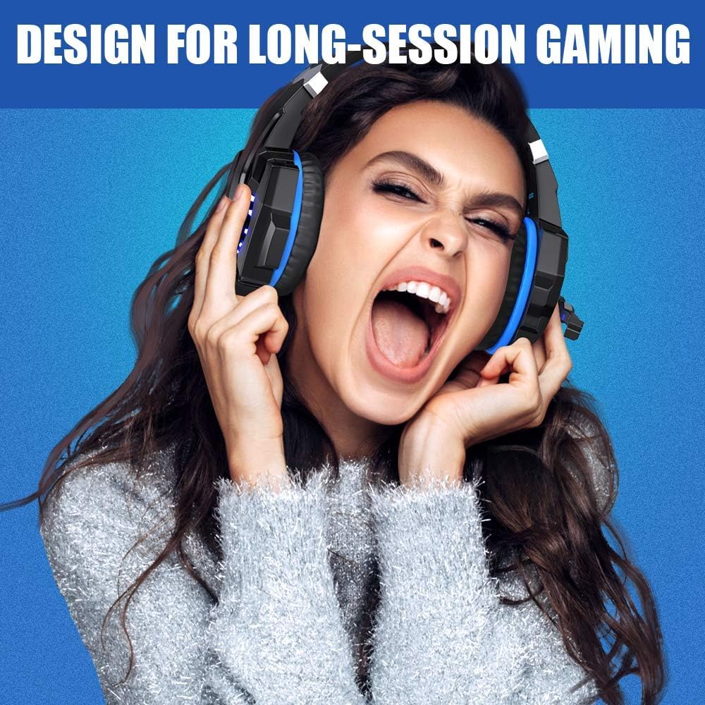 BENGOO G9000 Casque Gaming avec Micro, Casque Gamer Filaire pour PS5,PS4, Xbox One, Nintendo Switch,PC,Casque Gamer Anti-Bruit,LED Lampe, Basse Surround,Cache-Oreilles à Mémoire Souple（Bleu）