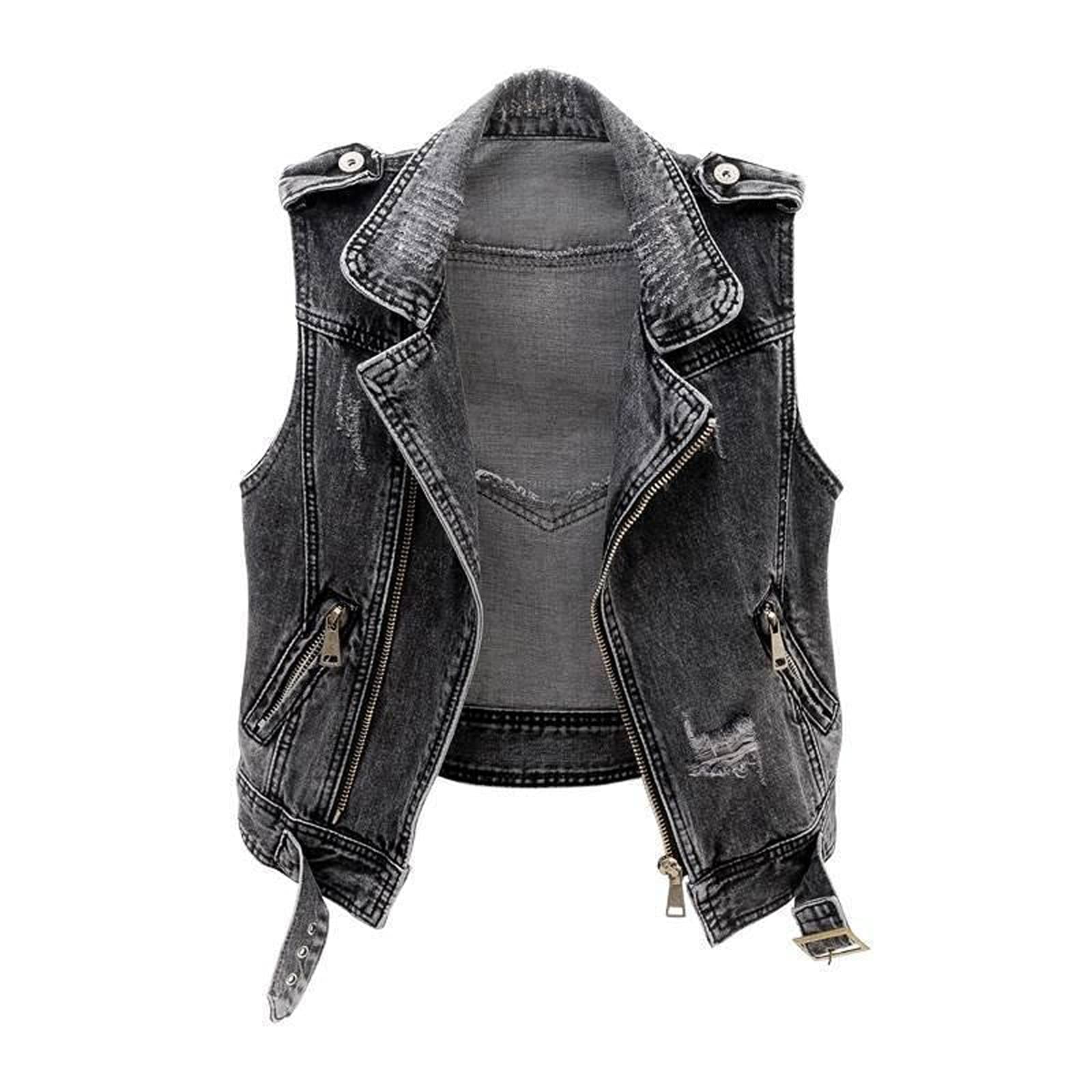 JQAMJQAM Womens Distressed Denim Vest,Zipper Ripped Lapel Jean Coat Sleeveless Punk Jacket with Pockets,Ladies Denim Jacket Suitable For Spring And Autumn (Size : X-Large)