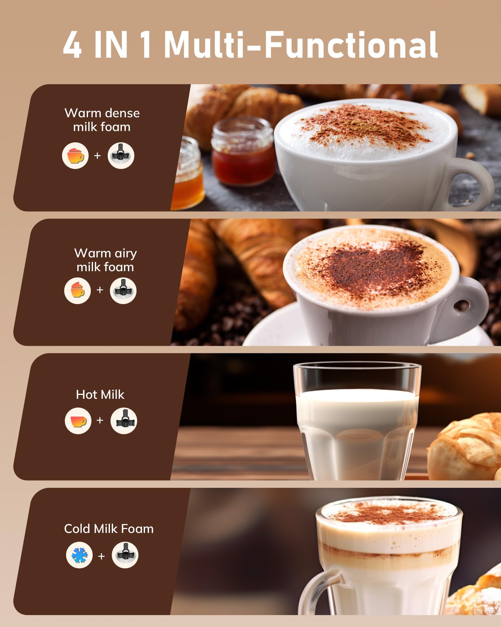 Morpilot - Espumador eléctrico de leche 4 en 1 con espuma caliente y fría y calentador de leche, emulsionador automático 400 W 240 ml para Cappuccino Macchiato Latte
