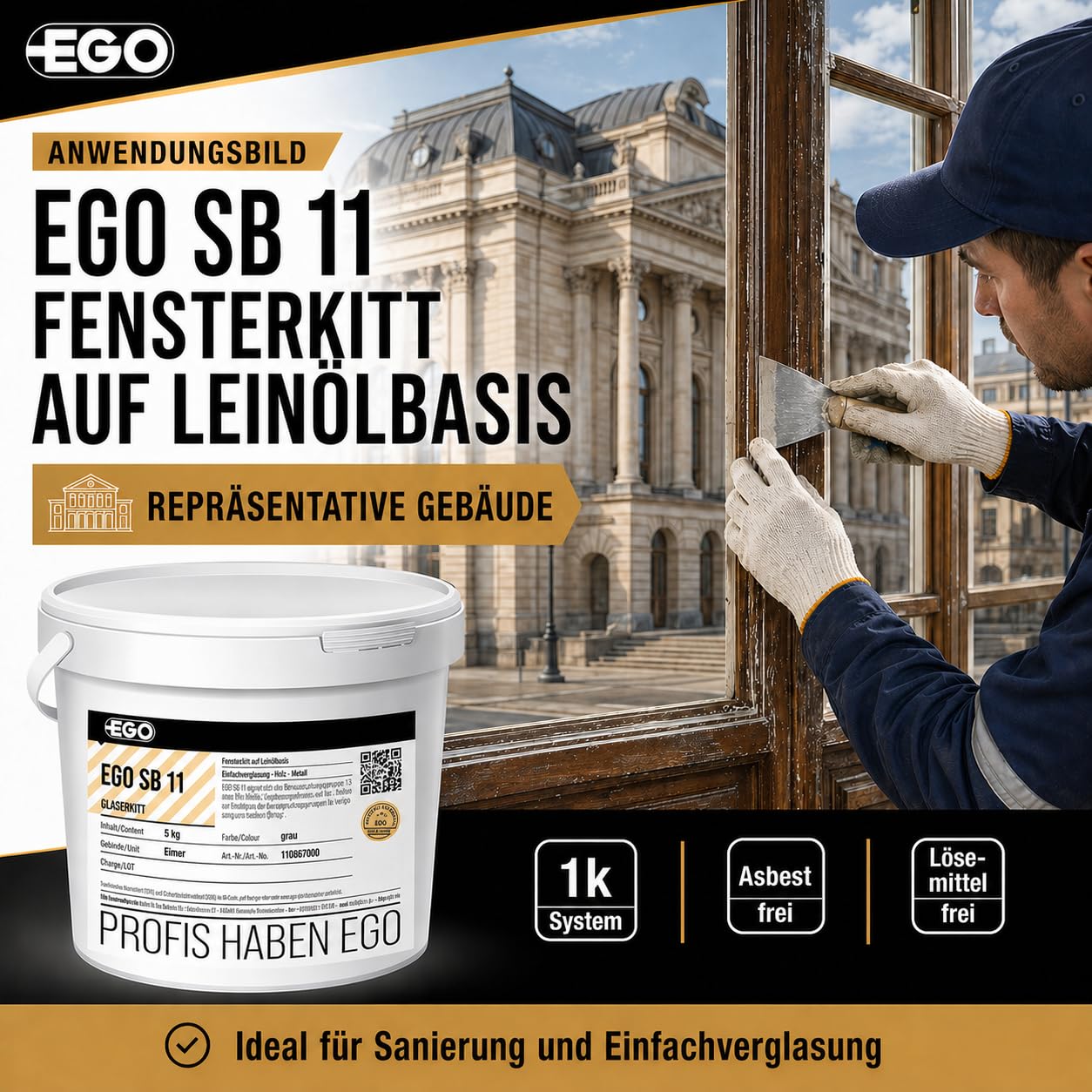 EGO SB 11 Fensterkitt GRAU - 25 kg Metallkübel - Dichtmasse auf Leinölbasis für Einfachverglasung in Holz- und Metallrahmen, lösemittelfrei & asbestfrei