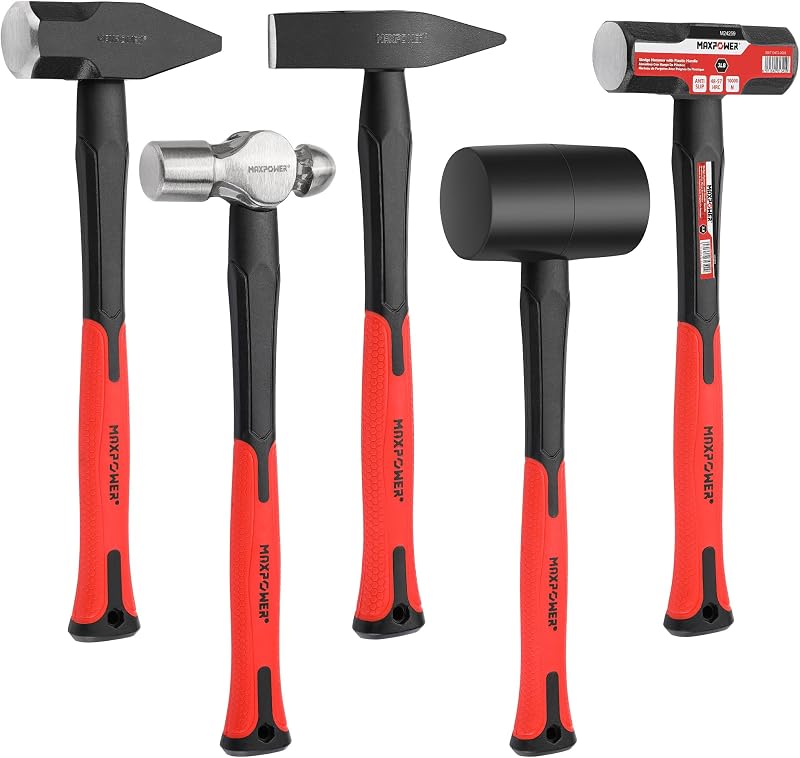 Juego de martillos MAXPOWER de 5 piezas para demolición, metalistería y montaje | Trineo de 3 libras, pasador cruzado de 3 libras, pasador de bola de 32 oz, mazo de goma de 24 oz y martillo picador de 500 g