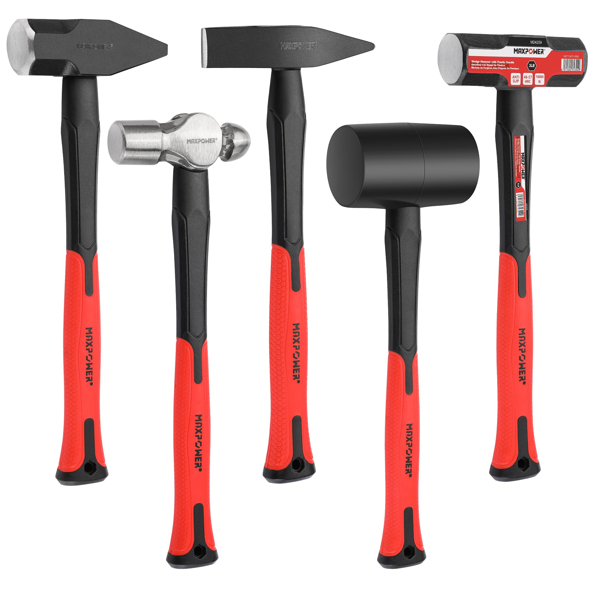 MAXPOWER 5-Piece Hammer Set - 3LB Sledge & Cross Peen, 500g Chipping, 32oz Ball Peen & 24oz Rubber Mallet
