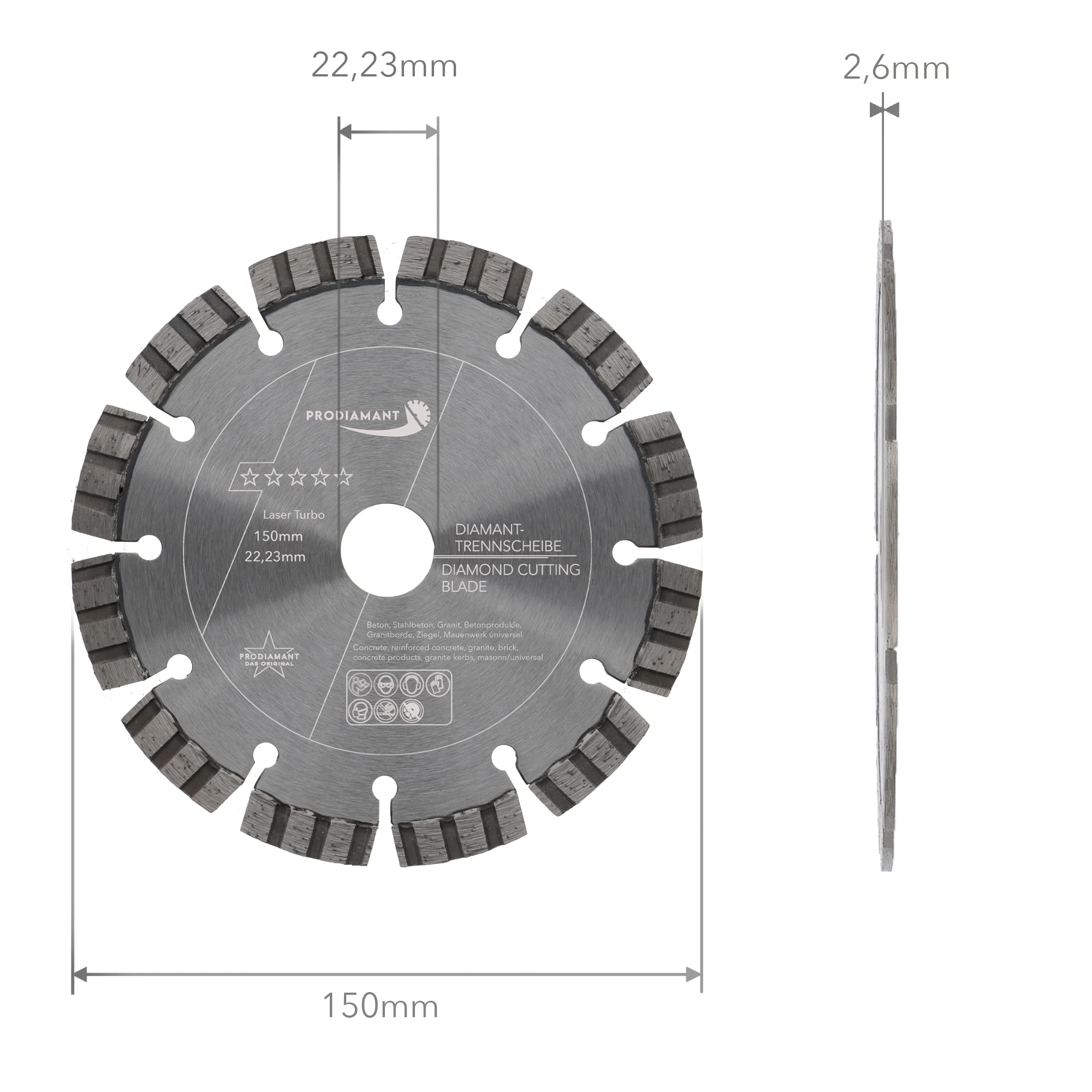 PRODIAMANT Premium diamentowa tarcza do cięcia betonu Laser Turbo dwupak 150 mm x 22,2 mm tarcza diamentowa 2x PDX821.735 150 mm