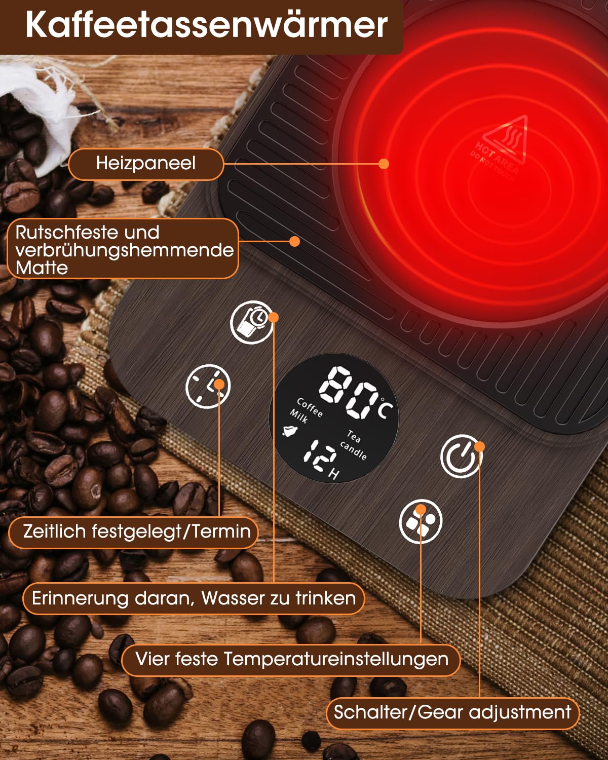 MYMULIKE Scaldatazze da caffè, Scaldatazze aggiornato, Scaldabevande elettrico 9 impostazioni di temperatura con 8 H spegnimento automatico, per scrivania, scalda bevande per cacao, venatura del legno
