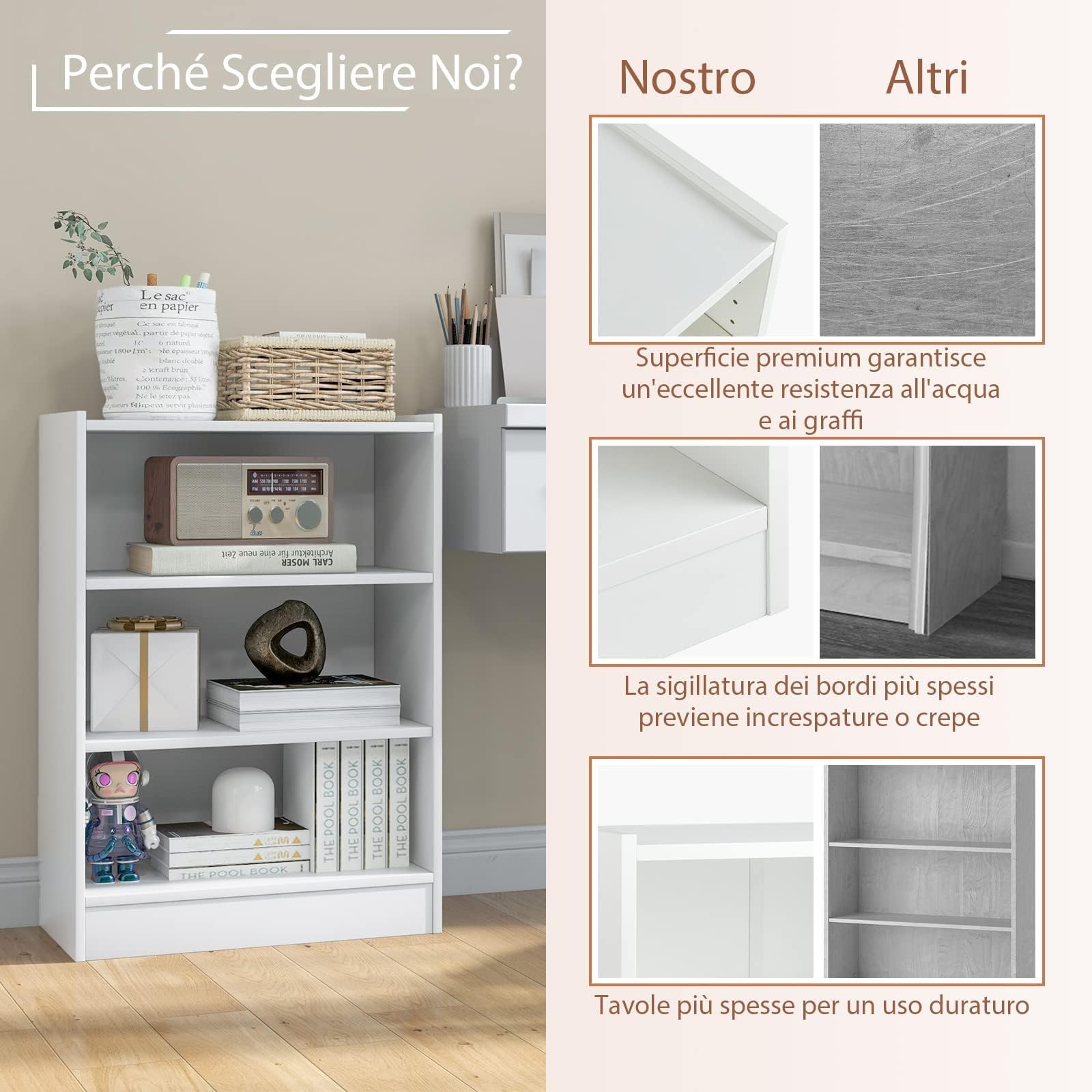 GYMAX Libreria a 4 Piani, Scaffale a 3 Cubi d’Angolo, Ripiani Regolabili a 18 Livelli, Anti-ribaltamento, per Soggiorno, Camera da Letto e Ufficio, Studio, 50 x 30 x 75 cm (BIANCO)