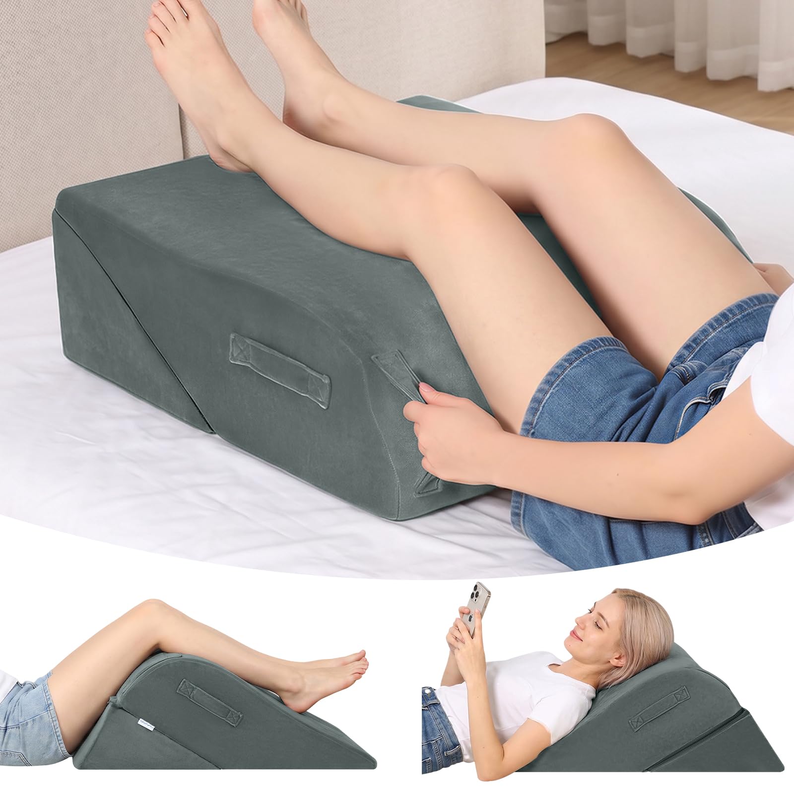 2-in-1 Venenkissen, Ergonomisches Beinkissen zum Hochlagern Grau | Schaumstoff Kniekissen bei Schwellungen Sowie nach Hüft- und Knöchel Operationen – mit Waschbarem Bezug und Tragegriffen