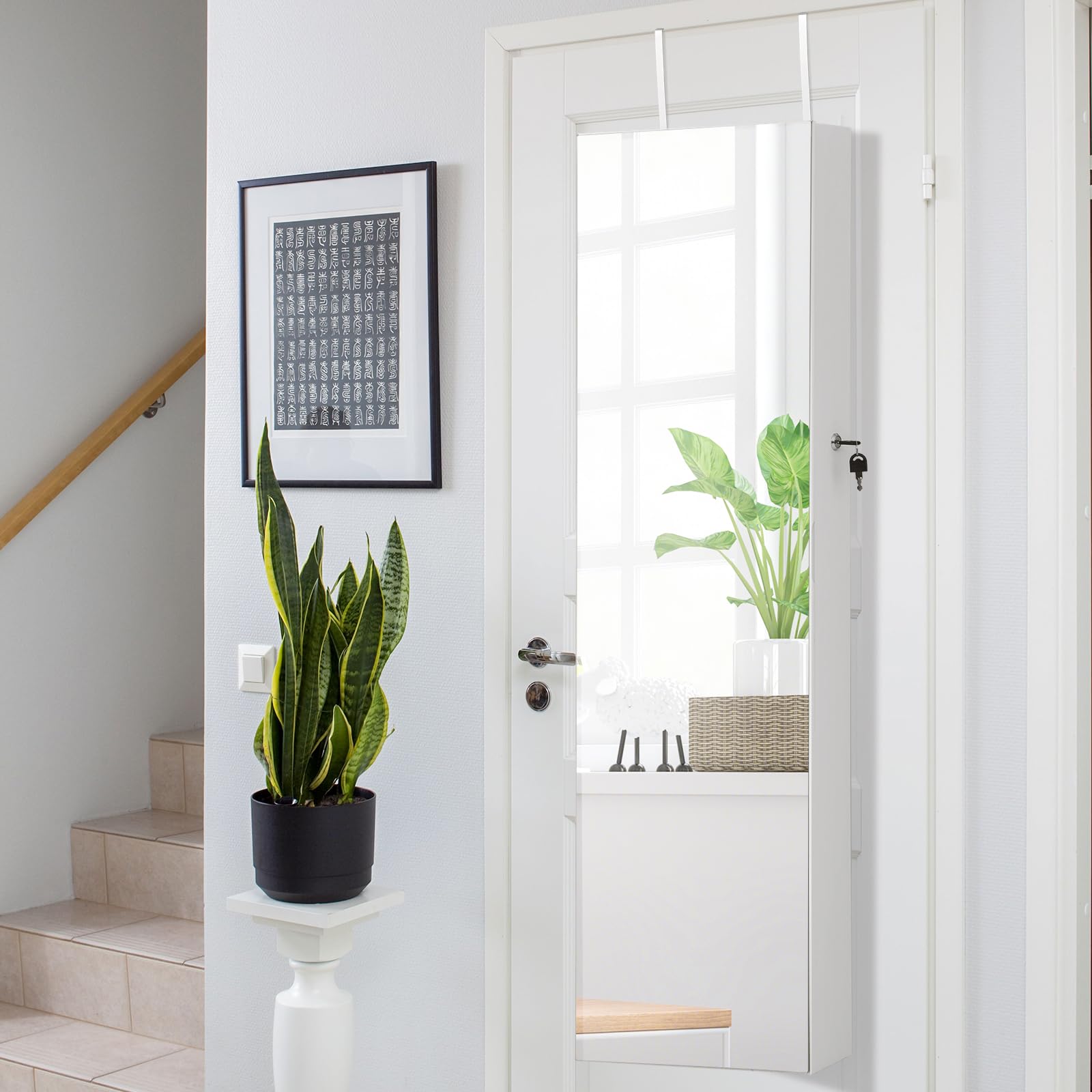 COSTWAY Armario Joyero con Espejo de Puerta para Joyas con Cerradura y Luces de 3 Colores - Espejo Interior con Estante Plegable y Cajas de Almacenamiento de Plástico (Blanco)