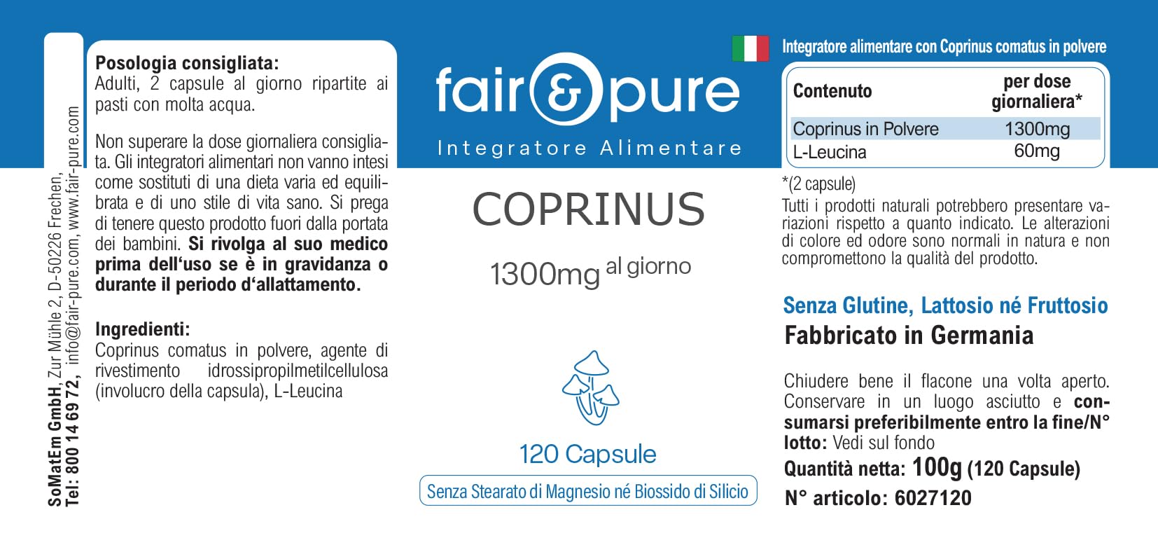 Fair & Pure Capsule di Coprinus 1300mg dose giornaliera, 120 pezzi, fungo coprinus, integratore alimentare vegano senza additivi, prodotto in Germania