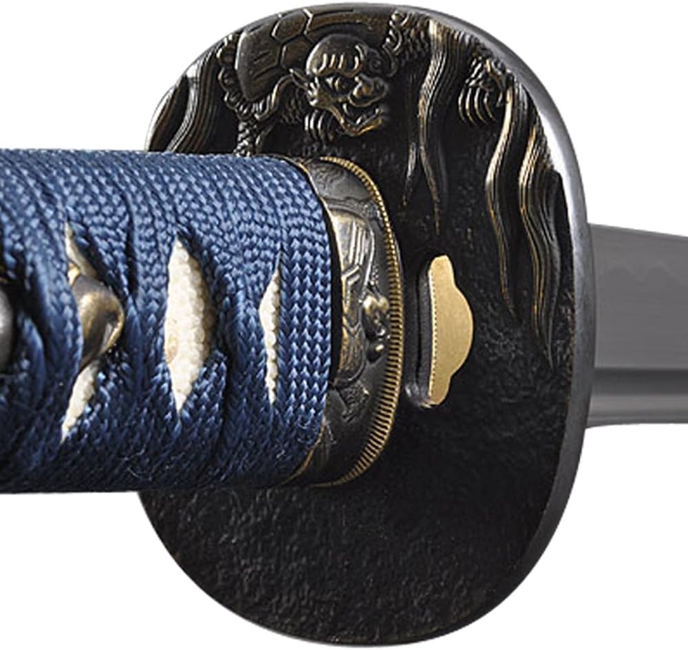 Handmade Sword - Fully Practical Samurai Katana Sword, Turtle Tsuba, Sharp, Fully Hand Forged, 1045 Carbon Steel, Clay Tempered, Full Tang, Blue Scabbard and Handle, Certificate