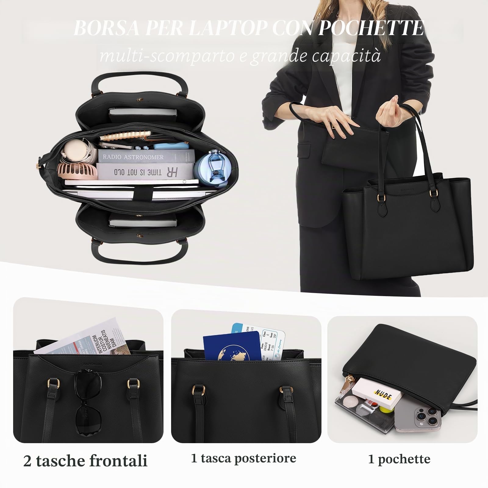 RAINSMORE Borsa Università Donna Grande Lavoro Donna 15.6 Pollici Borsa Porta Pc Impermeabile Pelle PU Elegante Tote Bag Tracolla per Ufficio Business