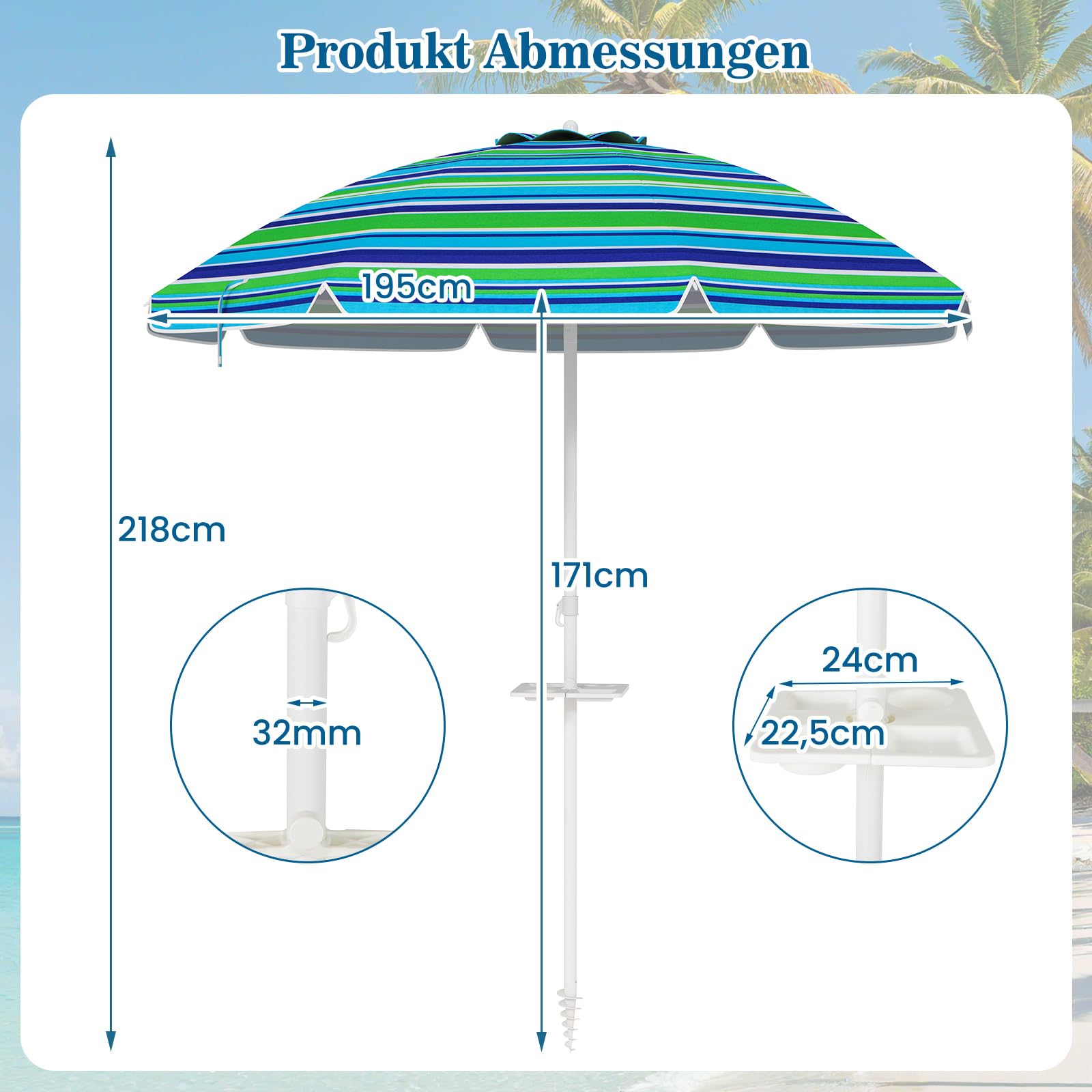 COSTWAY Parasol przeciwsłoneczny, 182 cm, odporny na wiatr, stabilny, UPF 50+, możliwość zginania w zakresie 30°, ochrona przed słońcem z ostrzem do wbijania w ziemię i torbą do przenoszenia, parasol
