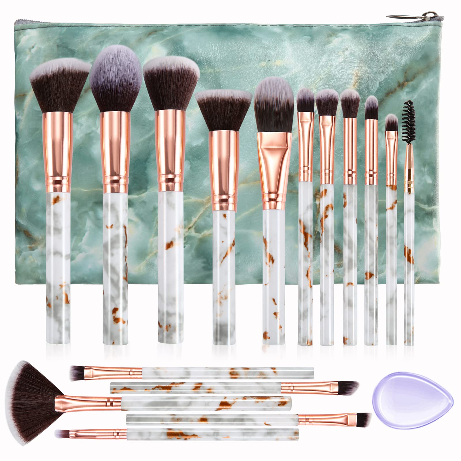 Makeup Brushes DUAIU 16PCS Green Marble Makeup Brush Set Professional Foundation Brush Blending Eyeshadow Concealer Brush Makeup Brushes Sets (16 Count with Bag)