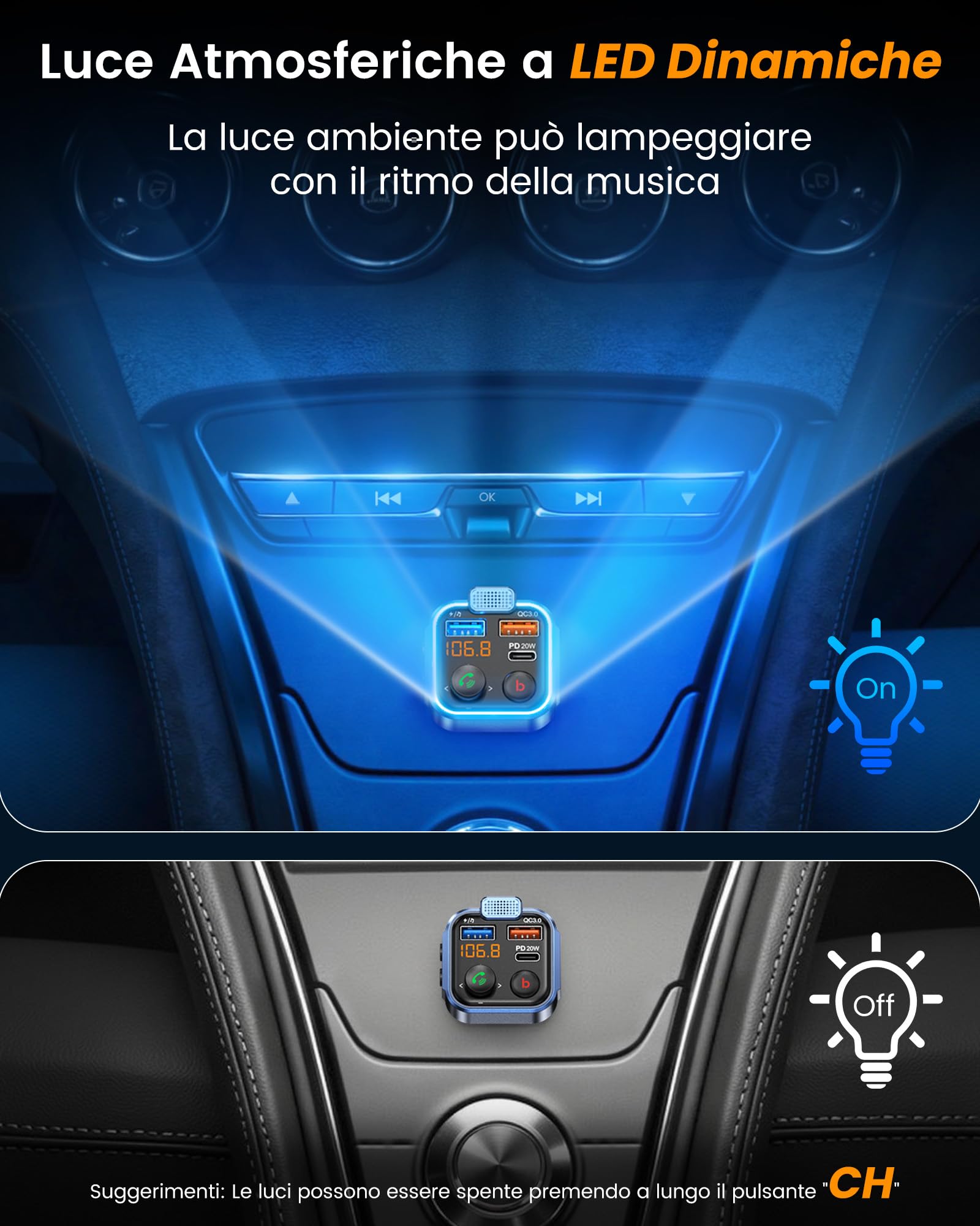 LENCENT Trasmettitore Bluetooth 5.0 per Auto, Musica Bluetooth Auto con Bassi Profondi e Suono Hi-Fi lossless, Ricarica Rapida Tipo-C PD 20W e QC3.0, Supporto Disco U-Luce Blu Sfumata
