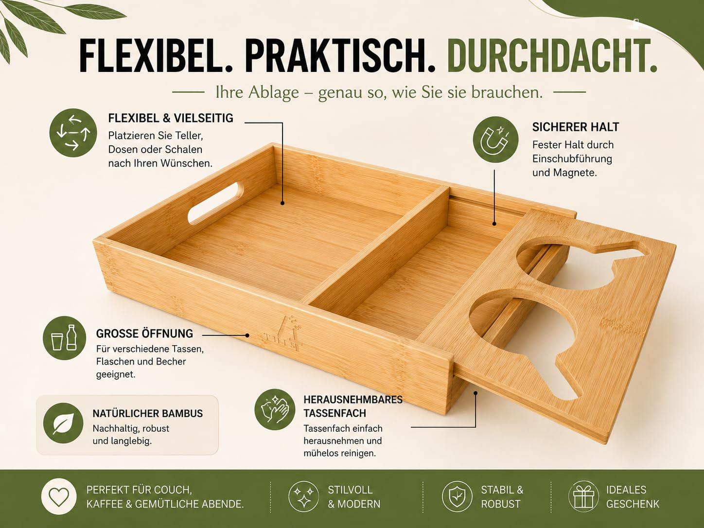 Couchbar Snackbox Serviertablett – Bambustablett - großes Fach für Snacks & Mahlzeiten – leicht & sicher – Geschenkidee.