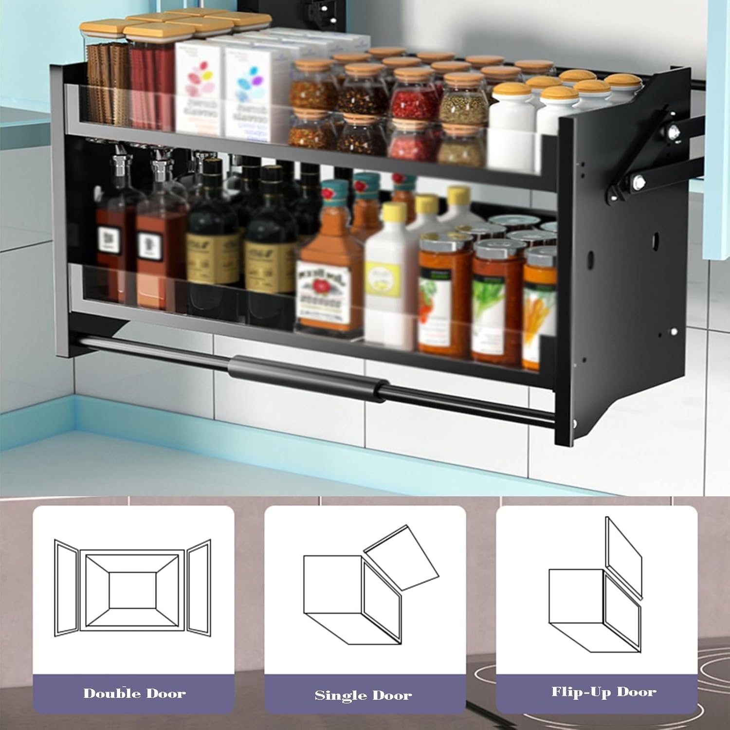 Upper Cabinet Pull-down Cabinet Storage Rack,Double-layer Storage Basket,Hydraulic Buffer Damping Guide Rail,Suitable for bars