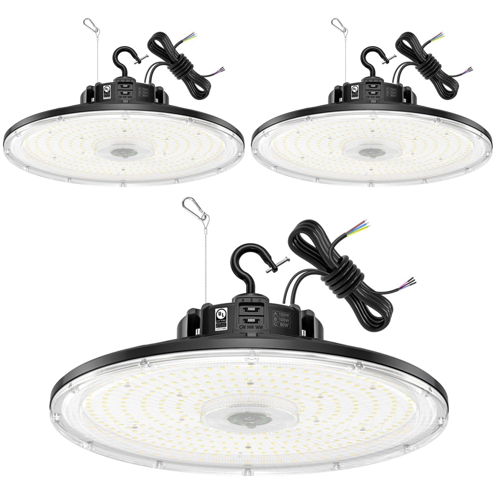 Zestaw 3 lamp LED UFO Low Bay – 80 W, 100 W, 150 W, 21000 lm, 3000 K, 4000 K, 5700 K. DLC, z certyfikatem UL, do użytku w garażach, warsztatach i magazynach.(3Pack,3/4/5000K-80W/100W/150W)