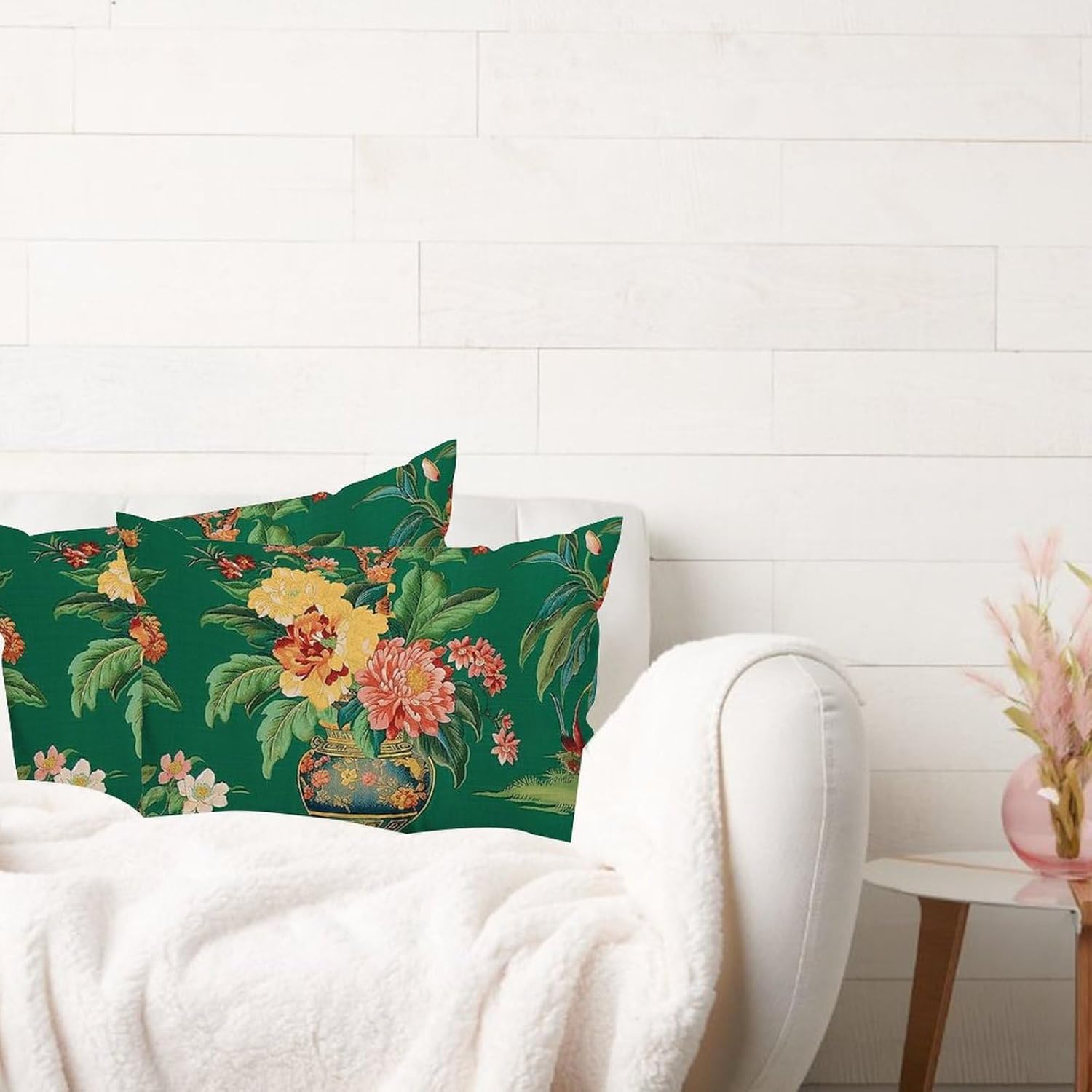 Chinoiserie Throw Pillow Case Ming Vase Green Lumbar Pillow Cover Set of 2 Oriental Decorative Pillow Home Cotton Linen 20x30in Vintage Square Cushion Cover for Sofa Bed Office Couch Chair