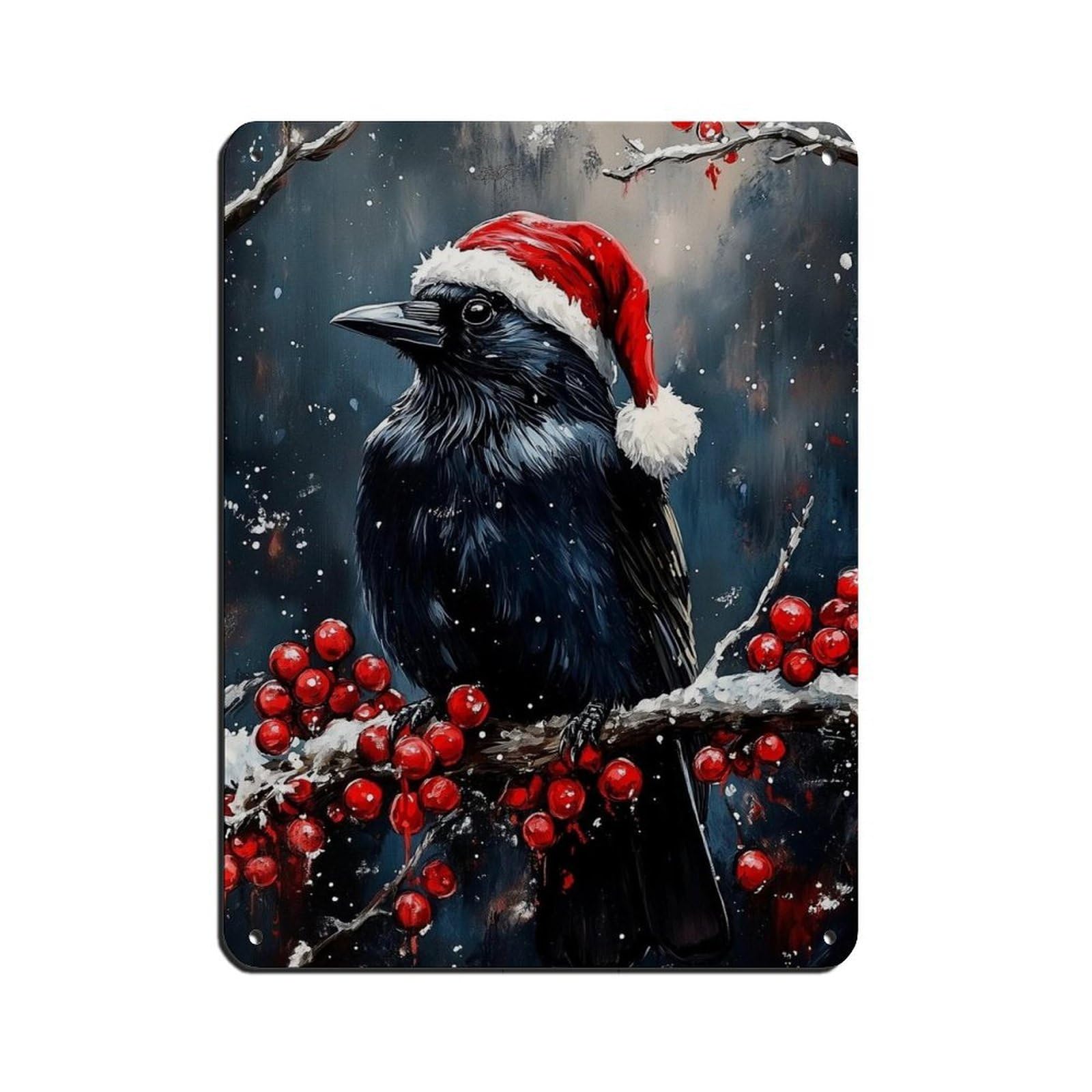 Raven on Holly Branch, Vintage Christmas Raven Art Tin Sign Vintage Metal Pub Club Cafe Bar Home Wall Art Decoration Poster Retro 12x16inch(30x40cm)