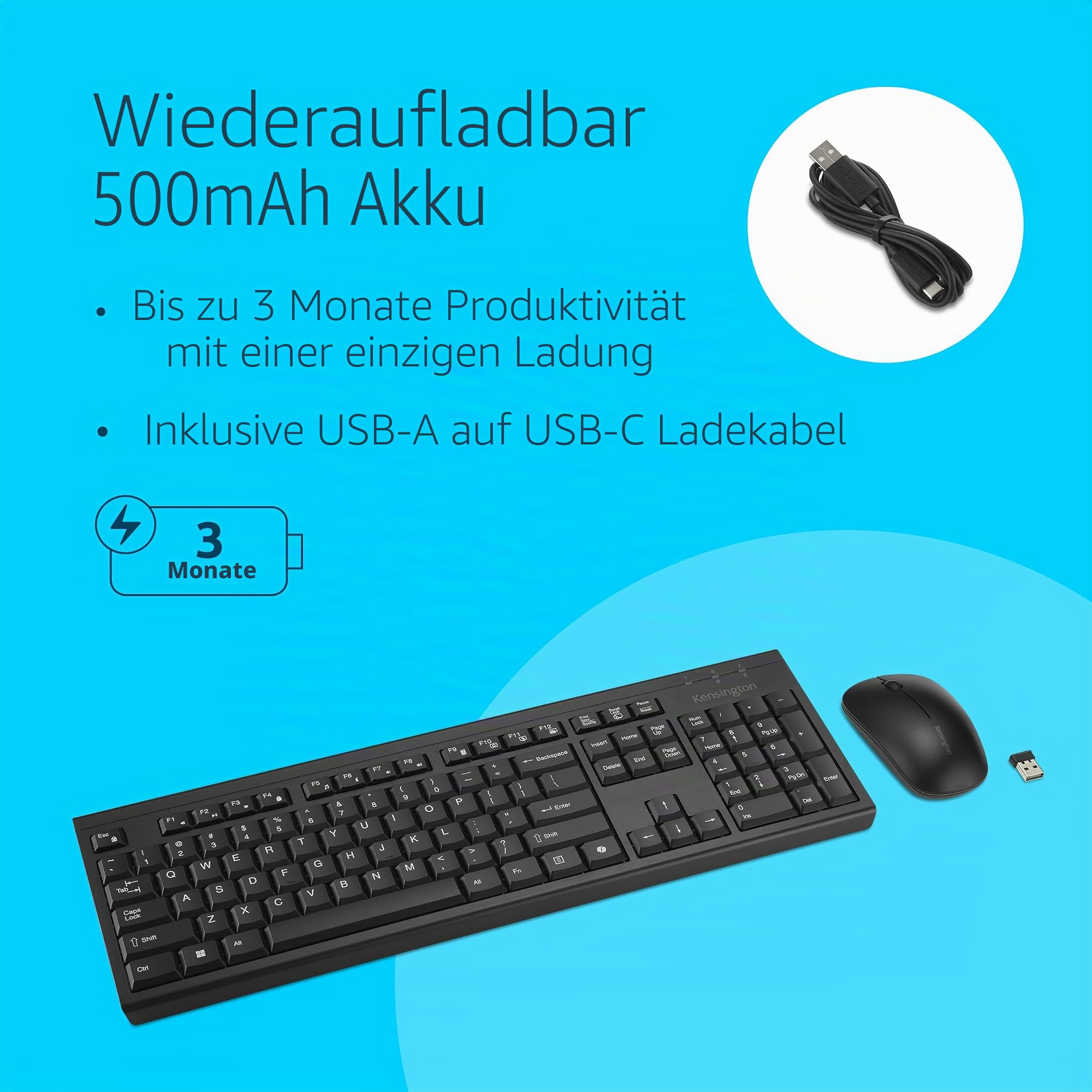 Kensington KM270 EQ Set Wiederaufladbare kabellose Full-Size Tastatur und beidhändige geräuschlose Maus für PC und Laptop, 2,4 GHz & BT 5.0, spritzwassergeschützt, QWERTZ ISO-Layout, Schwarz, K75560DE