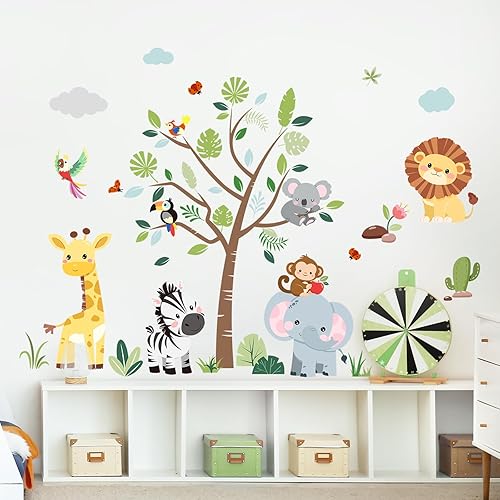 Miniatura 9 de Supzone Calcomanías de pared de árbol de animales de la selva, elefante rosa, jirafa, calcomanías de pared para niños y niñas, dormitorio, sala de