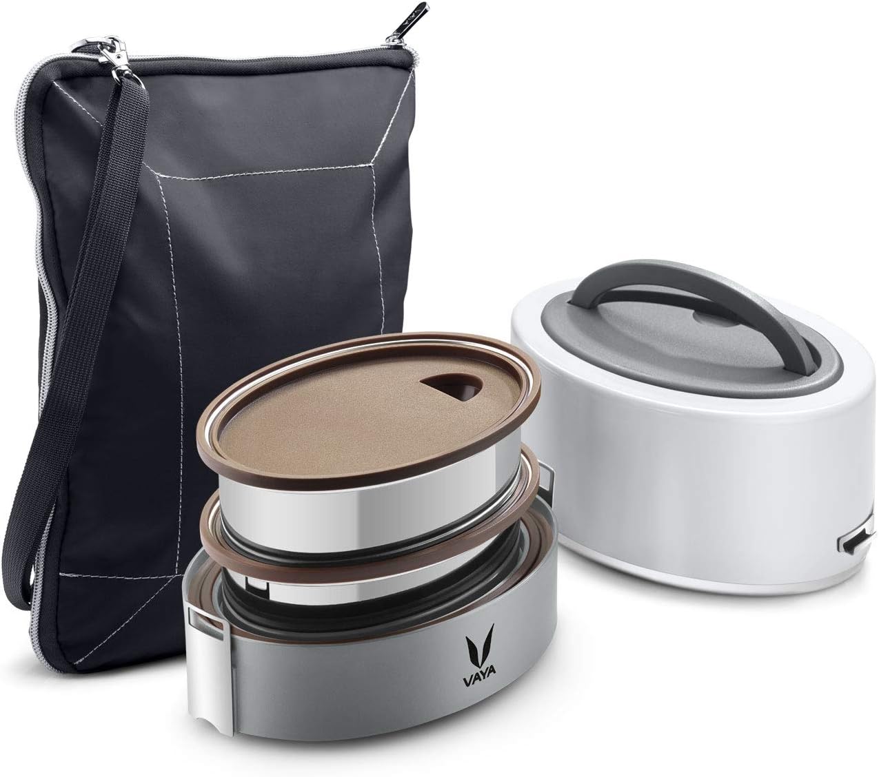 VAYA TYFFYN Lunch Box for Kids for School, Polished Stainless Steel Tiffin Box with BagMat, Insulated Tiffin Box for Office for Men, 600ml Tiffin Box with 2 Containers, Hot Lunch Box for Girls, White