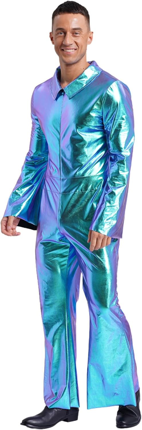 Jugaoge Men's 70s Disco Costume Metallic Bodysuit Zentai Jumpsuits Shiny One Piece Rompers Clubwear