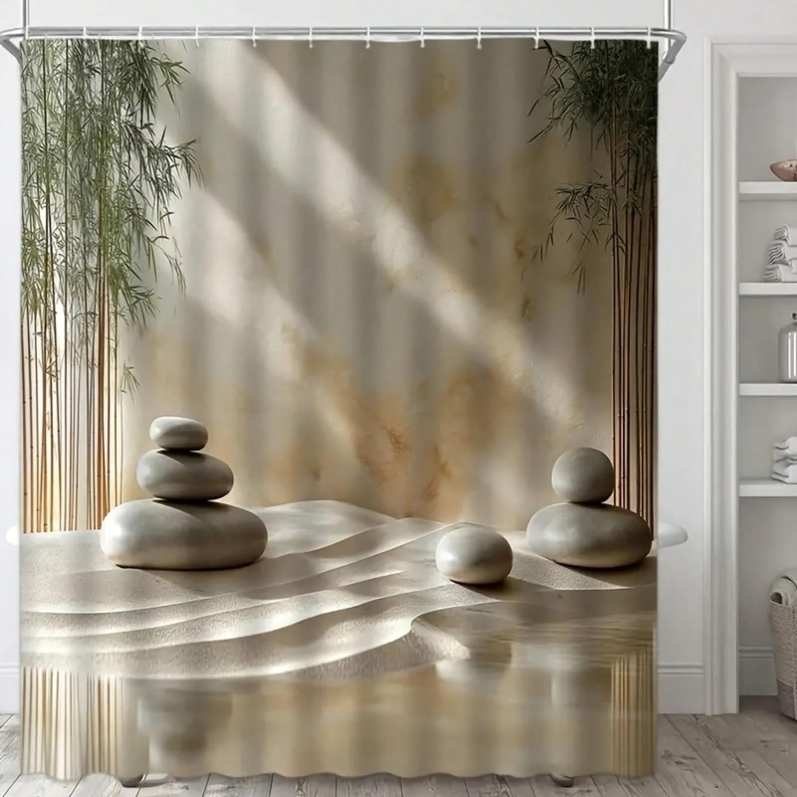 GLKSDLPO Zen Stone And Shower Curtain Simple Japanese Decor, Smooth Gray Pebbles On Beige Waves With 12 Hooks Bathroom Decor(110x200cm/43x79in(WxH)