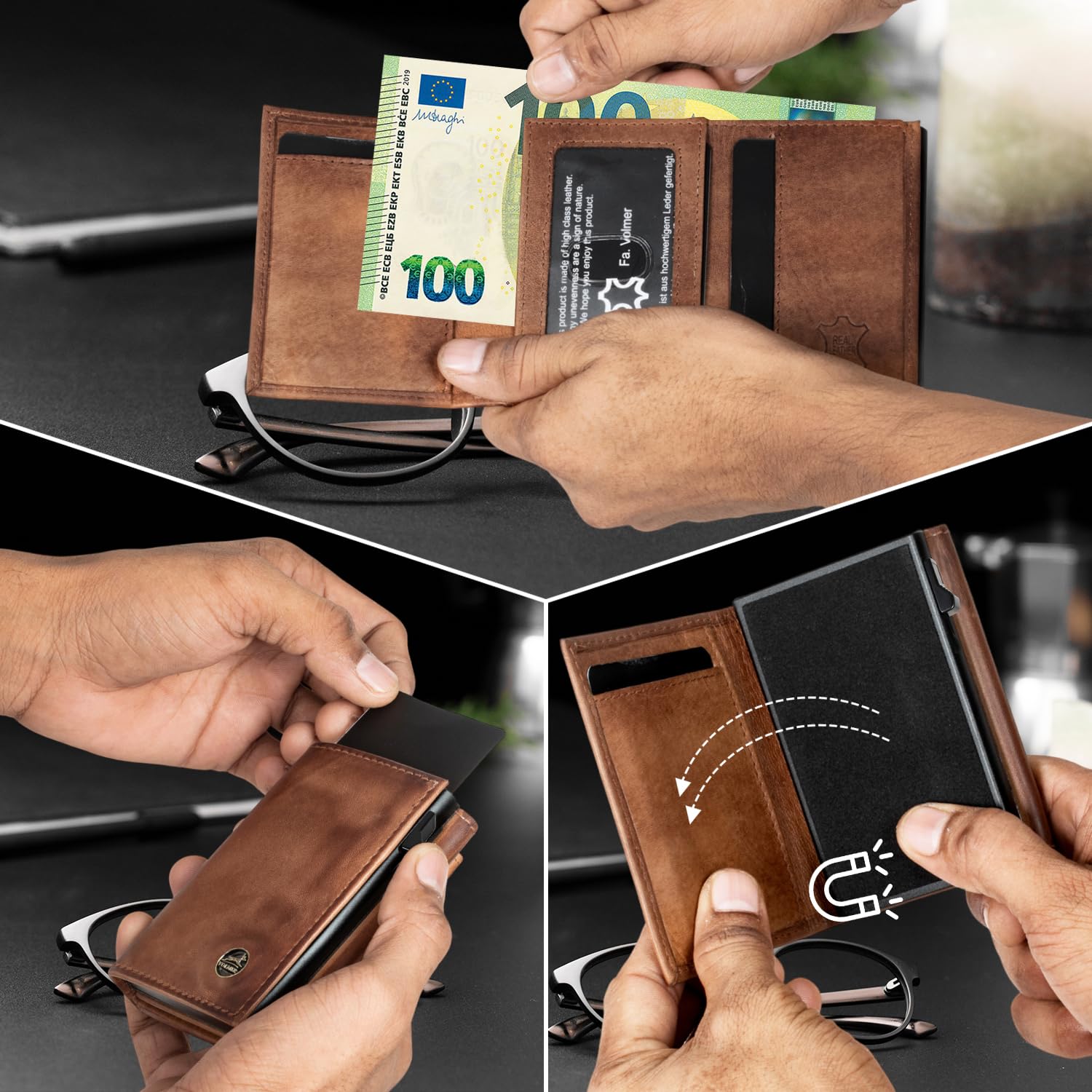 Fa.Volmer Etui na Karty Pop-up z Kieszonką na Monety z Prawdziwej Skóry dla Mężczyzn i Kobiet | 11 Kart | Ochrona RFID, petit compartiment à monnaie, Współczesny