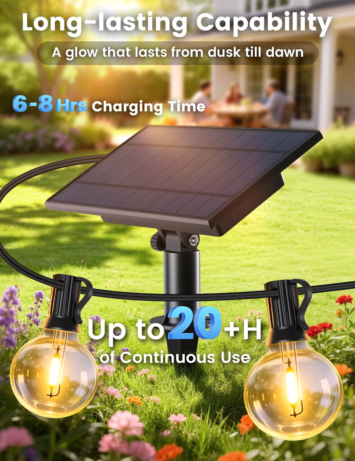 Brightever 30 m Solar-Lichterkette für den Außenbereich, mit Fernbedienung und 36 + 2 LEDs, bruchsicher, G40-Glühbirnen, dimmbar und zeitlos, 3 Beleuchtungsmodi, wasserdichte Solar-Außenleuchten für
