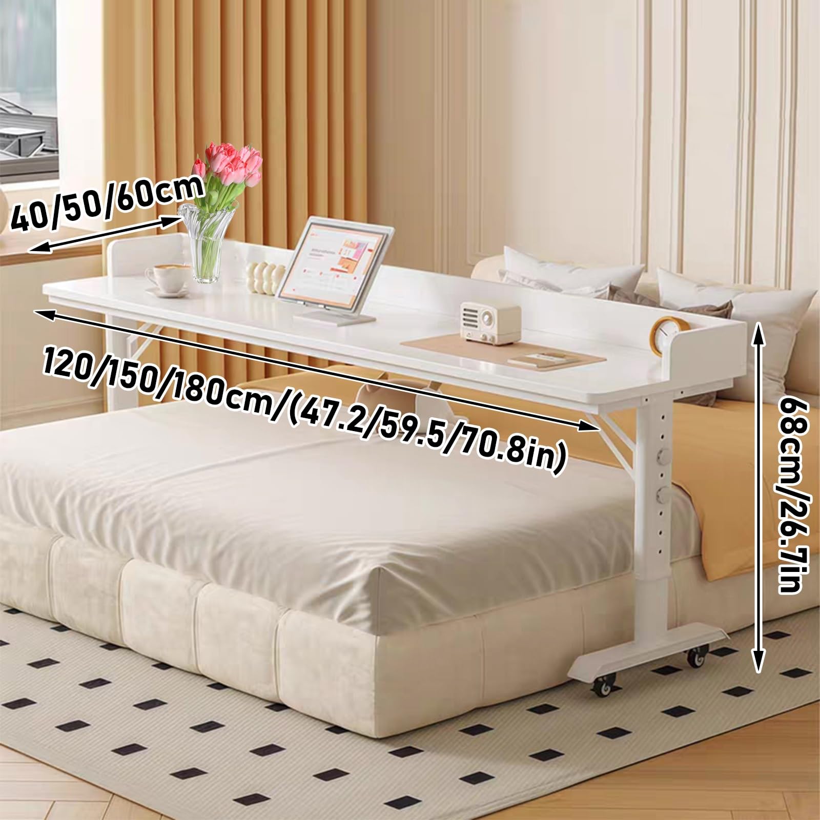 Höhenverstellbarer Überbetttisch mit Rollen,Laptop-Wagen über dem Bett, mobiler Überbetttisch mit Rollen,Arbeitstisch für das Homeoffice oder Krankenhaus(120x60x68cm/47.2x23.6x26.8)