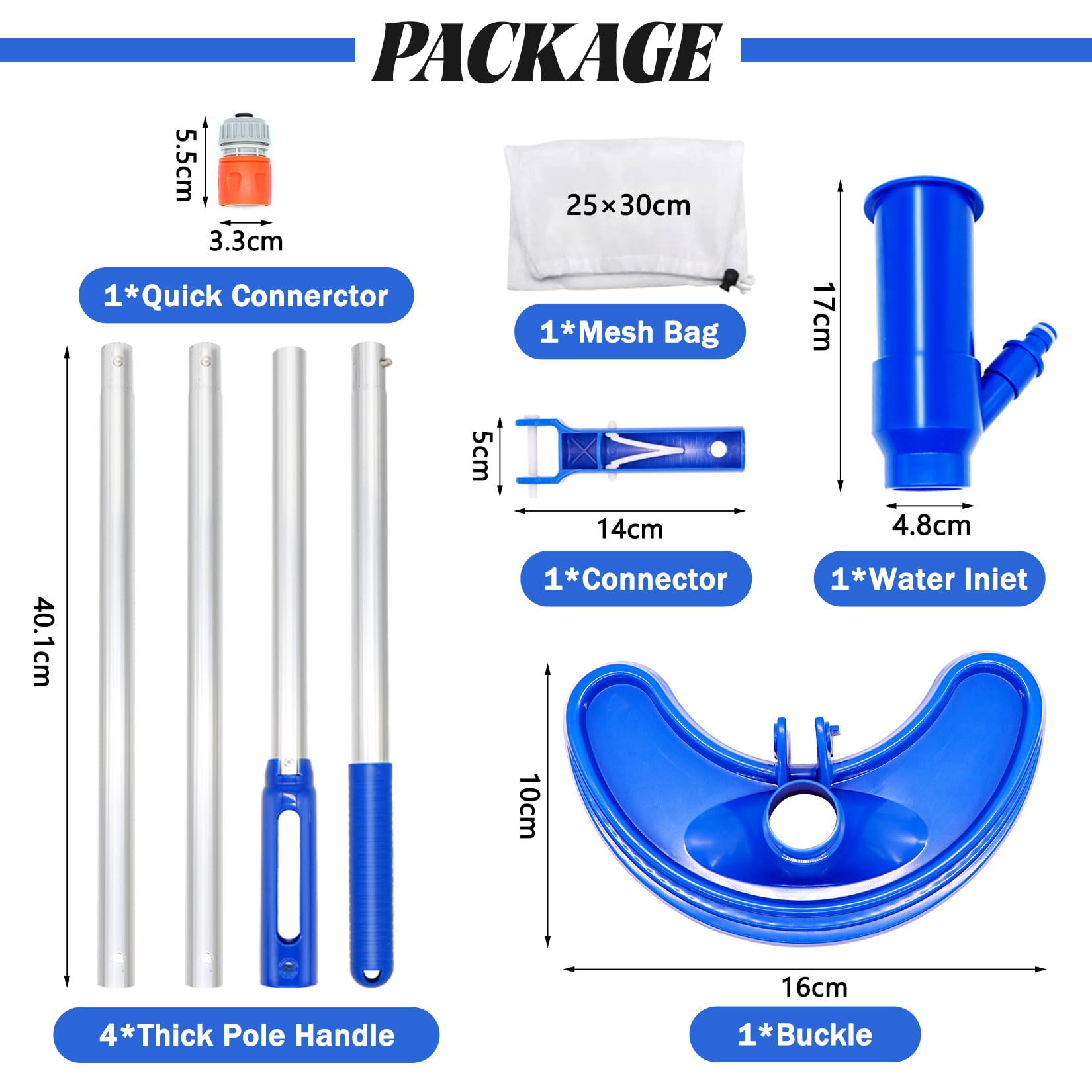 Aspirateur de piscine XL avec brosse incurvée prolongée, 4 barres en aluminium étendues et renforcées, kit de nettoyage de piscine