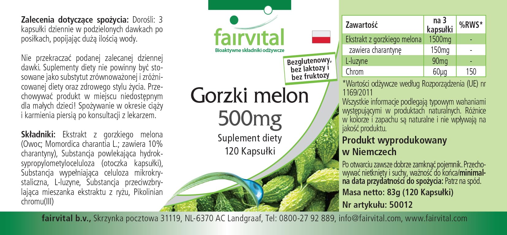 fairvital Melón amargo, 120 cápsulas, con 500mg de extracto de melón amargo y 20µg de cromo por cápsula, ALTA DOSIS, VEGANO, con un 10% de charantina