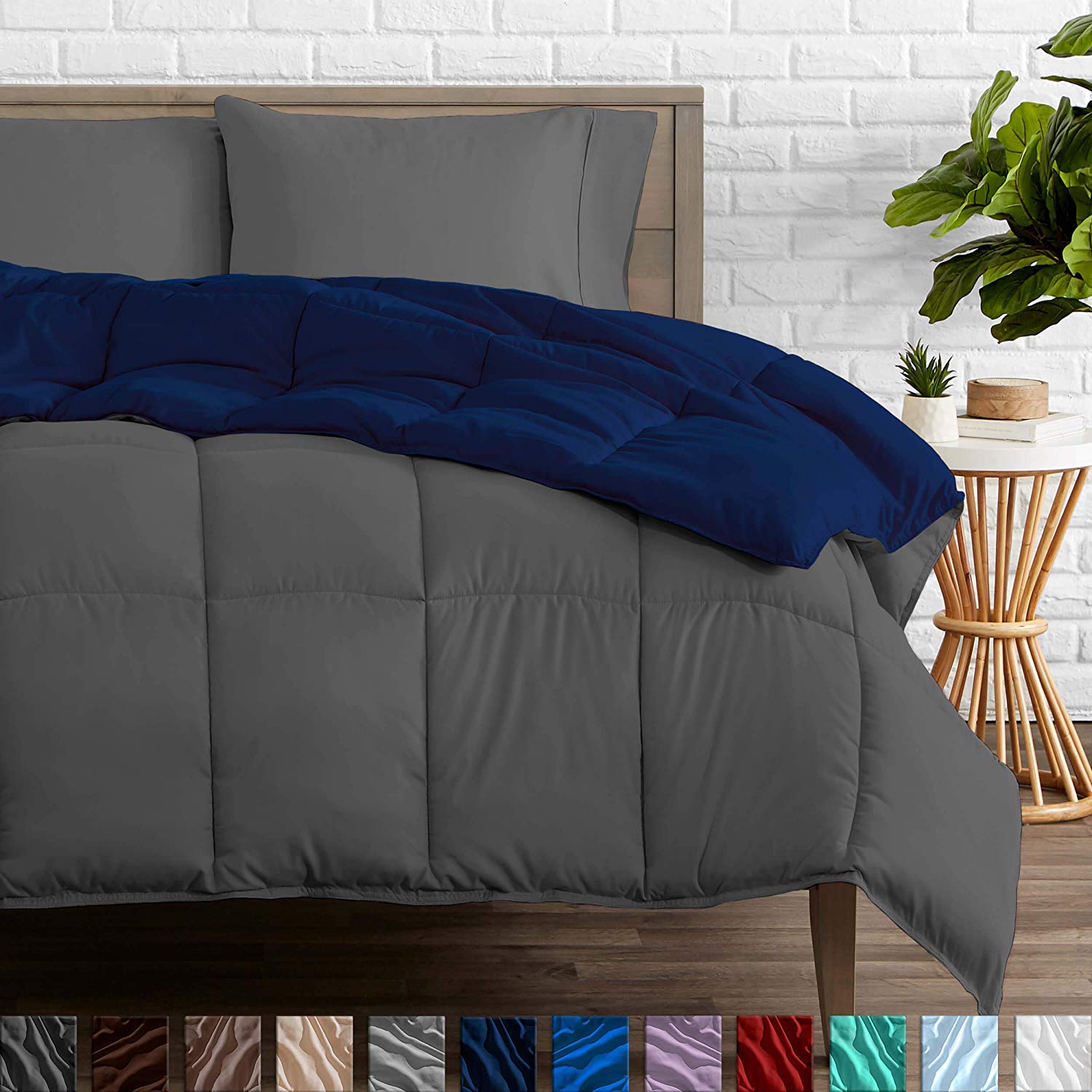 Elegant Linen Store, 100% Egyptian Cotton 3 Piece Reversible Comforter - Queen - Goose Down Alternative - Ultra-Soft - Premium 1200 TC - All Season Breathable Warmth (Queen, Color NavyBlue/Grey)-image-37