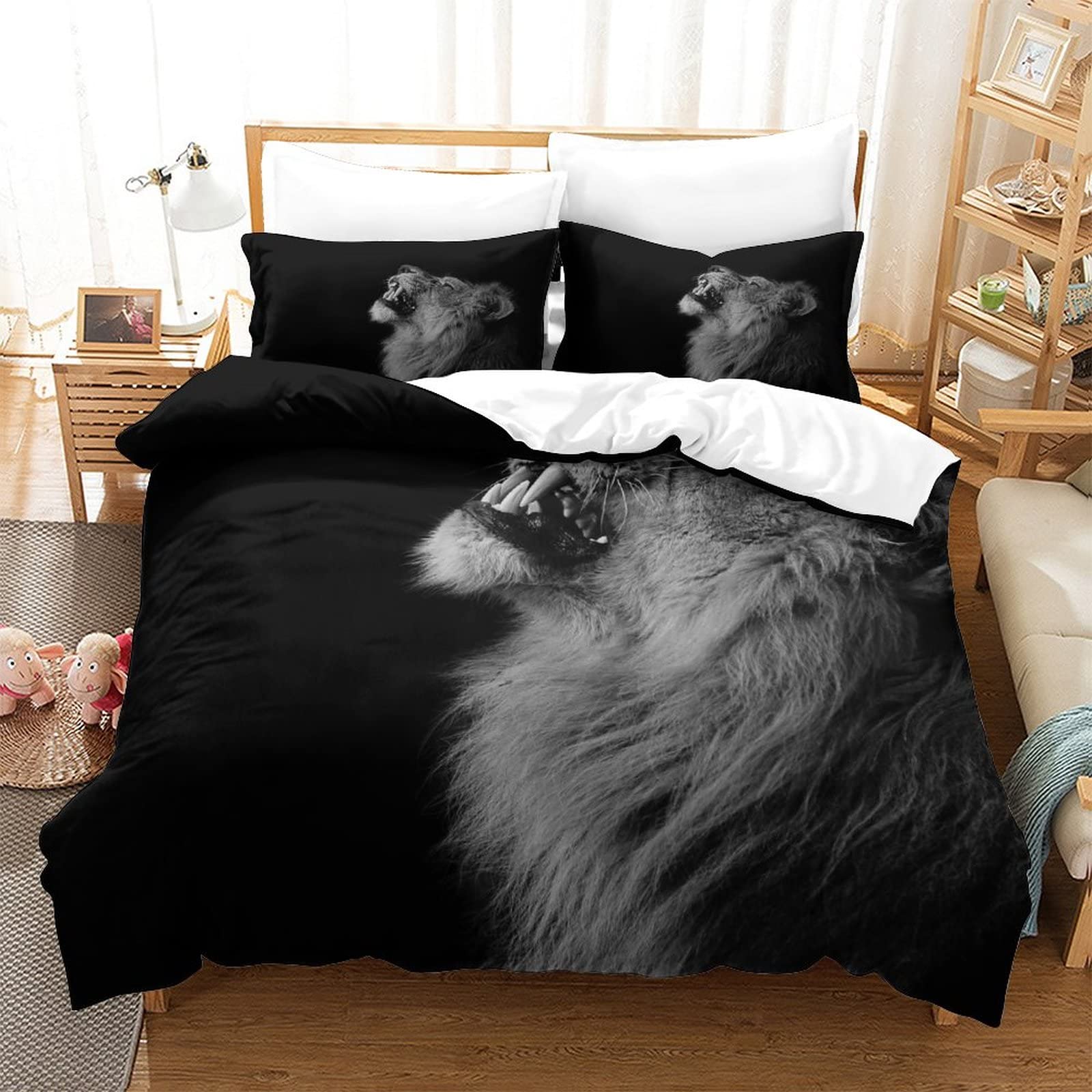 Ensemble de literie lion 220x240cm comprenant 1 housse et 2 taies d'oreiller
