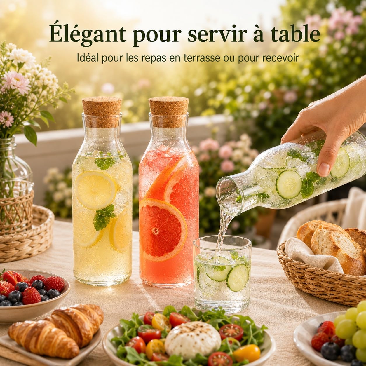 YAYODS Lot de 4 Carafe en Verre avec Bouchon en Liège 1,2L, Pichet en Verre Borosilicate pour Mimosa Bar, Jus, Bouteille d'Eau Élégante pour Réception, Fête, Mariage et Réfrigérateur