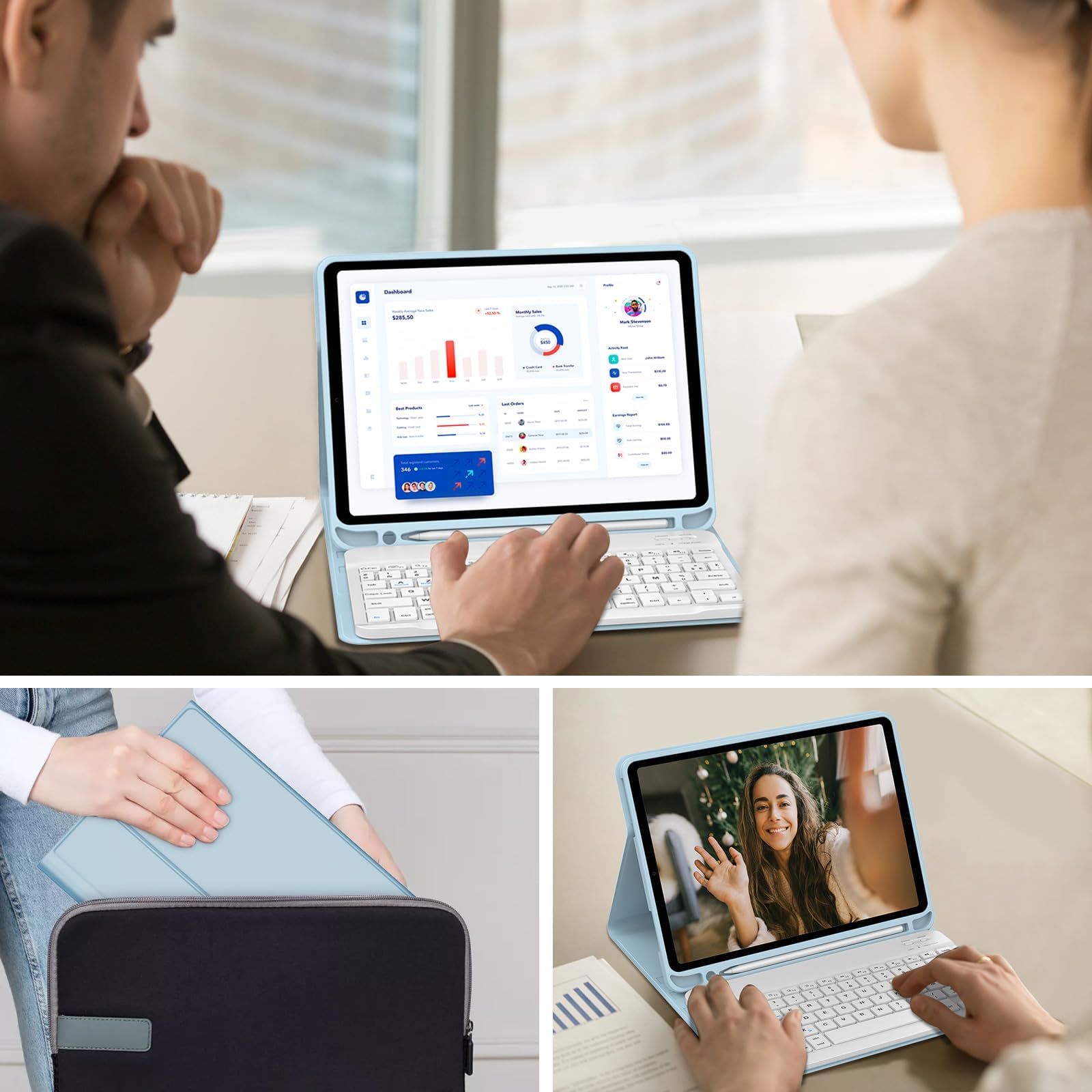 IVEOPPE Coque Clavier pour iPad A16 11/10ème Generation (11 Pouces 2025/10.9 Pouces 2022), Étui Keyboard AZERTY Layout sans Fil Bluetooth avec Porte Crayon, Bleu Azur