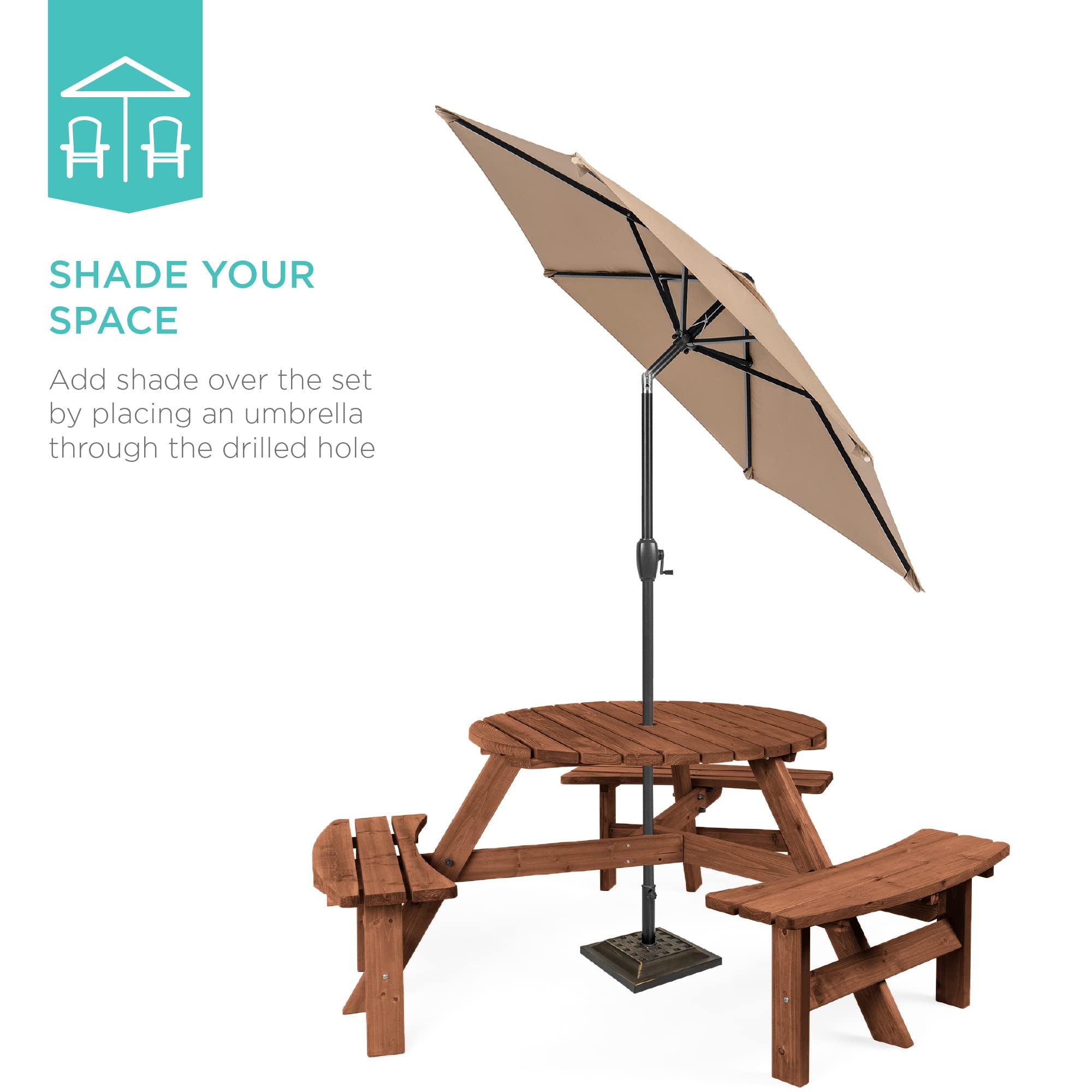Best Choice Products Tavolo da picnic circolare in legno per 6 persone per patio, cortile, giardino, fai da te con 3 panche integrate, capacità 226,8 kg, marrone noce